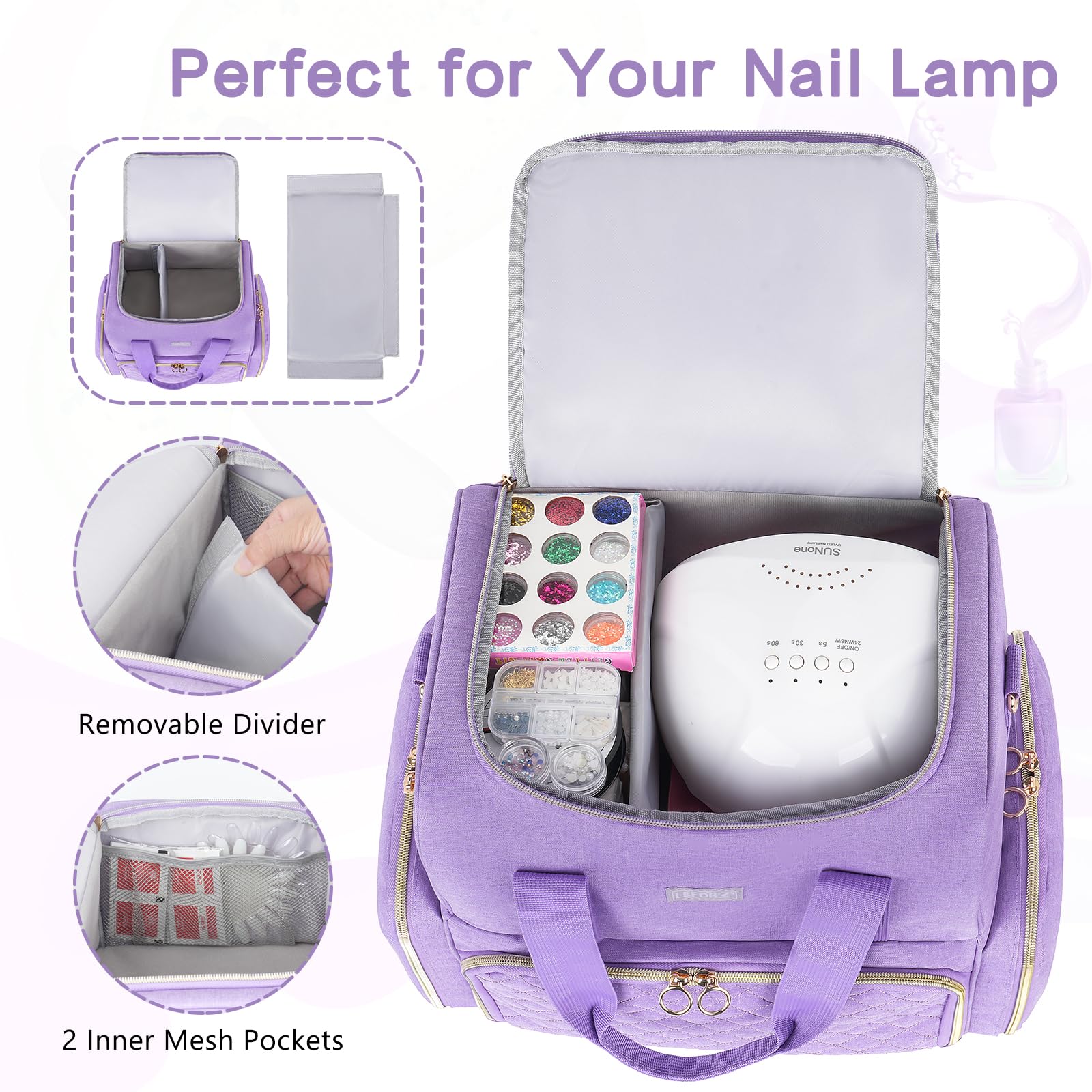 Purple Nail Organiser Case - Double Layer Carrying Bag Holds 80 Bottles - Includes Removable Bags & Nail Lamp - Image 3