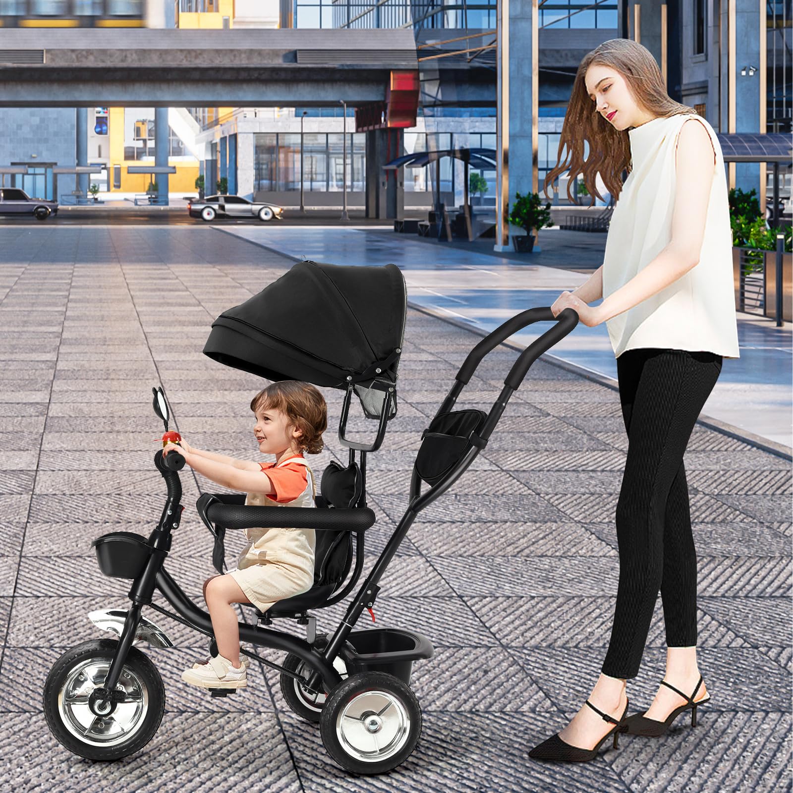 Laufrad Dreirad, Laufräder Kinderdreirad mit schubstange, Dreirad Lauffahrrad für Kinder ab 1 Jahre Jungen Mädchen Geschenk (schwarz-4 in 1)