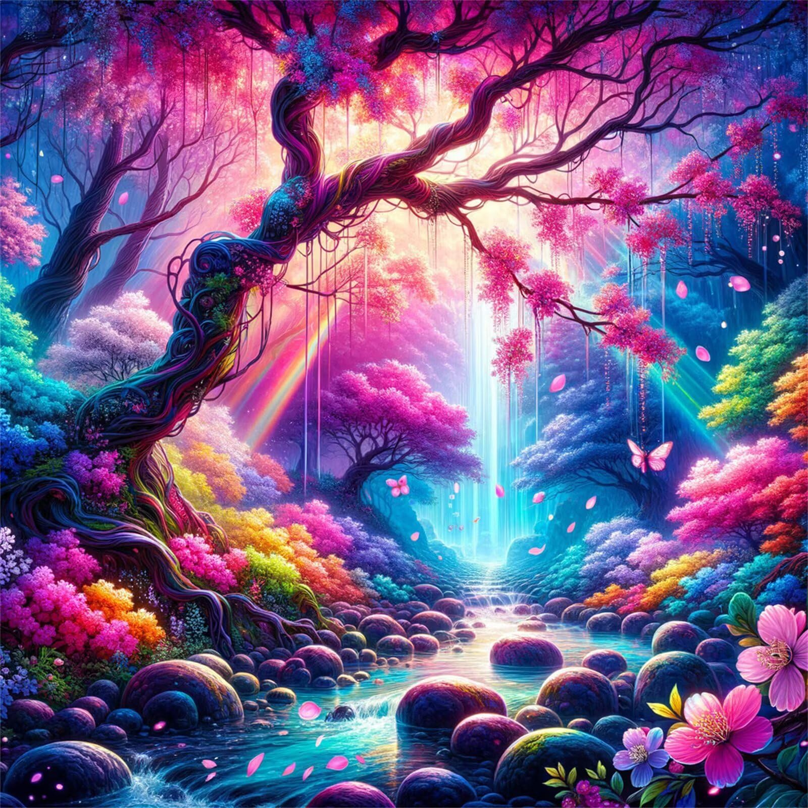 Jinmer Diamond Painting Río Sun Tree,5D Diamond Painting Kit Completo,DIY Cuadros de Diamantes para Adultos,Rhinestone Bordado Punto de Cruz Manualidades Hogar Pared Decoración 65x65 cm