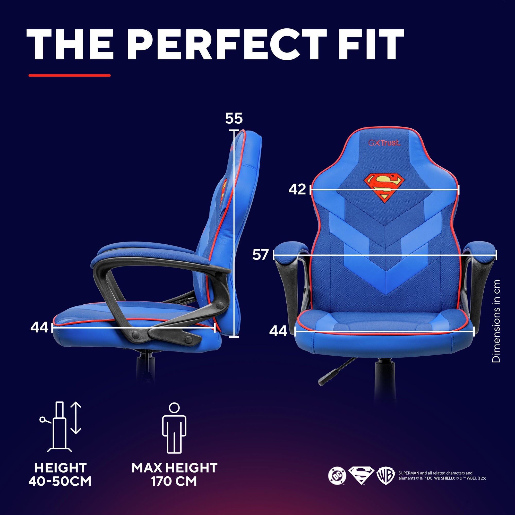 GXTrust 703SM Revvo Sedia Gaming con Licenza Superman per Bambini 4-12 Anni, Sedia da Gaming in Tessuto Regolabile in Altezza, Bracciolo Imbottito, Console di Gioco Supereroe Videogiochi, Blu
