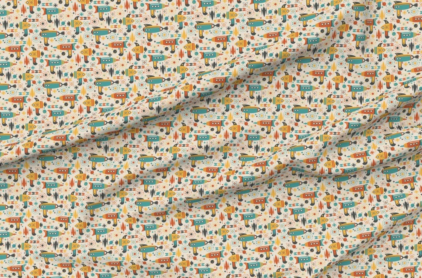 Spoonflower Fabric - Atomic Retro Mid Century Modern Planet Ray Gun 1950S Mod Futuristic Printed on Organic Cotton Sateen Fabric by The Yard - Sewing Quilting Apparel Home Decor