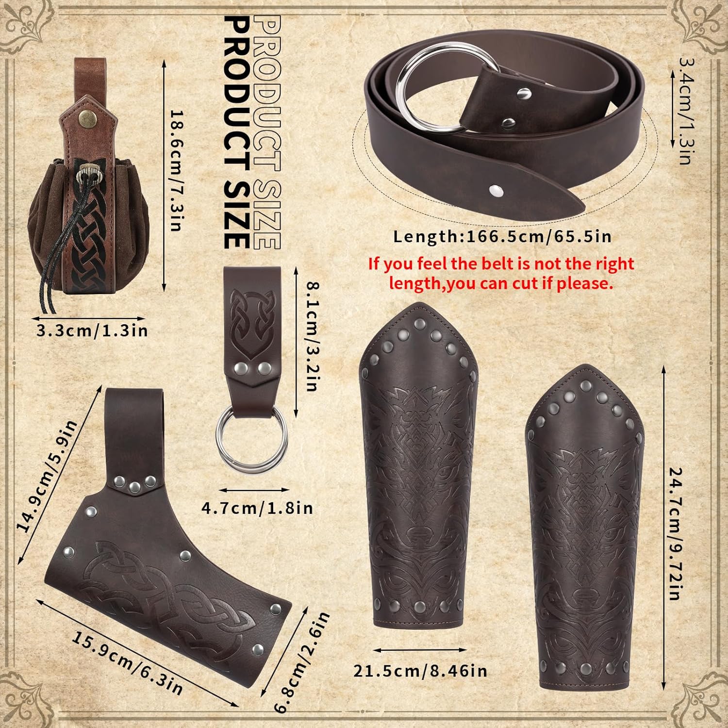 Medieval Belt Costume Accessories 6pcs-Renaissance Accessories with Horn Belt,Leather Bracers, Vintage Pouch, Sword Frog. - Image 3