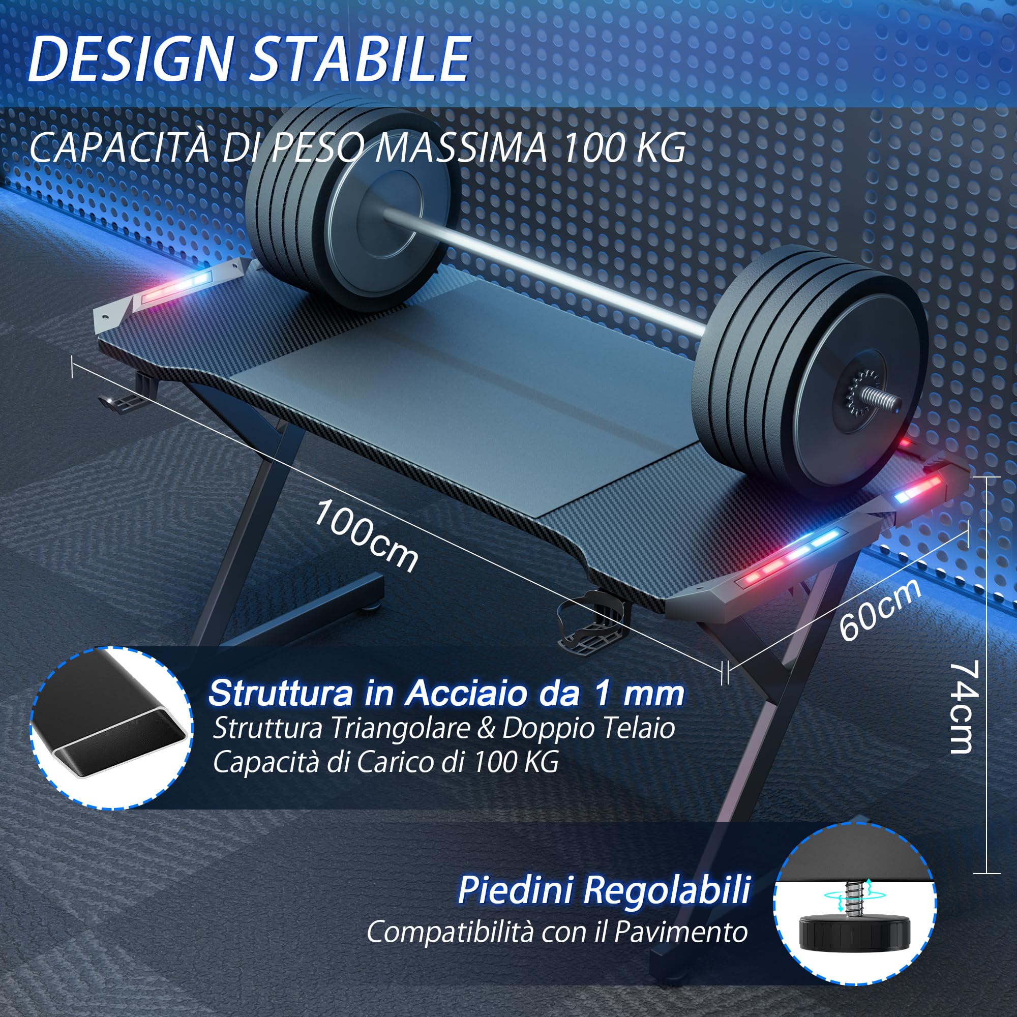 HLONONE 100 x 60 cm Scrivania Gaming LED, Tavolo Gaming Ergonomica, Postazione Gamer con Superficie in Fibra di Carbonio, Scrivania per Computer con Porta Tazza e Gancio per Cuffie, Nero