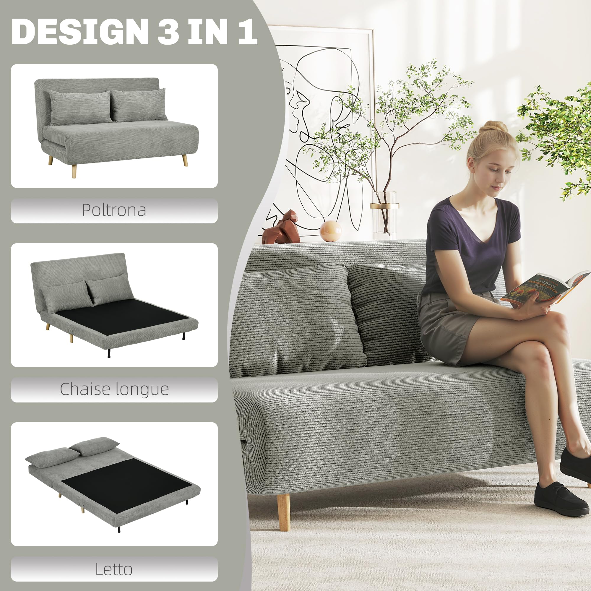 HOMCOM Divano Letto Matrimoniale con Schienale Regolabile in 3 Posizioni e 2 Cuscini, Divano Letto Clic Clac in Tessuto Effetto Lino Grigio