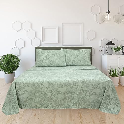 Miniatura 2 de CVC - Juego de sábanas de franela suave, cálido, absorbe la humedad, juego de cama (estampado de cachemira verde, individual)