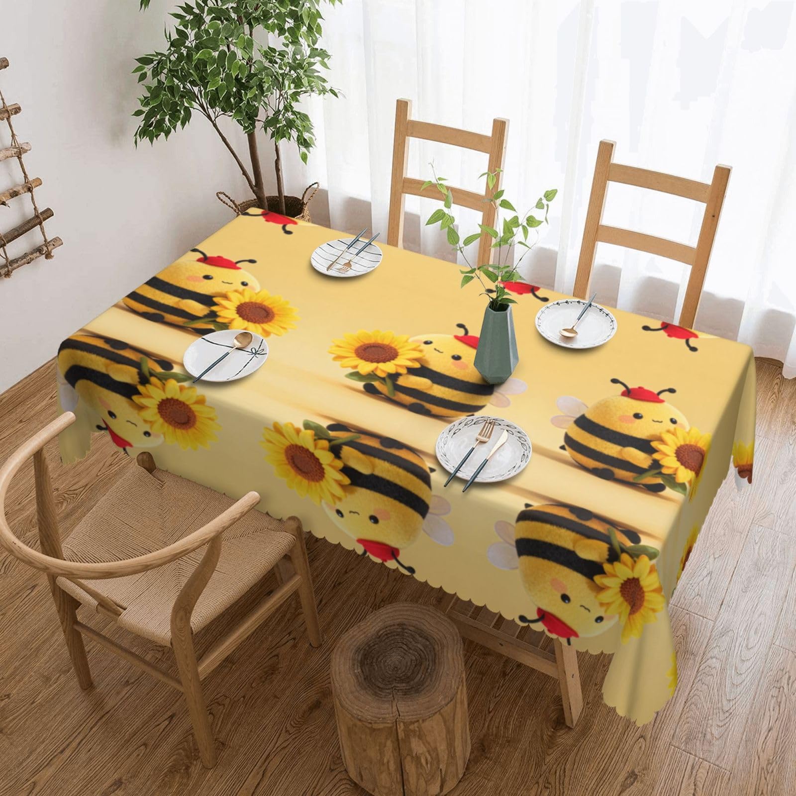 CNTDBU Cute Bee Scalloped Edge Tablecloth 54x72-Waterproof Stain Resistant Wrinkle Free Cover, Square Table Cloth for Dining Party
