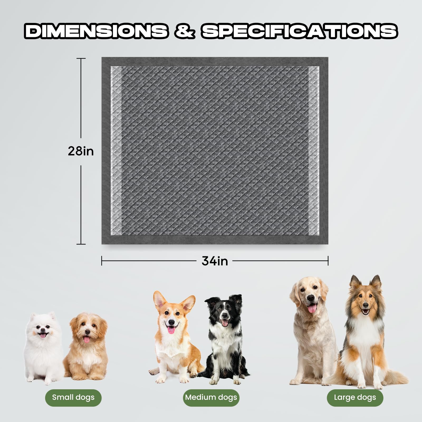 Almohadillas de carbón para cachorros, extra grandes, de 28 x 34 pulgadas, 60 unidades, extra grandes, desechables, de carbón activado, superabsorbentes, envolventes de borde completo