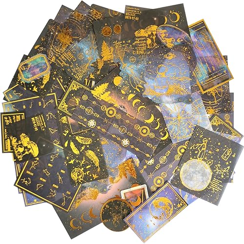 Juego de calcomanías Washi con estampado dorado vintage, constelación, fase lunar, planeta, universo, plumas, calcomanías para álbumes de recortes,