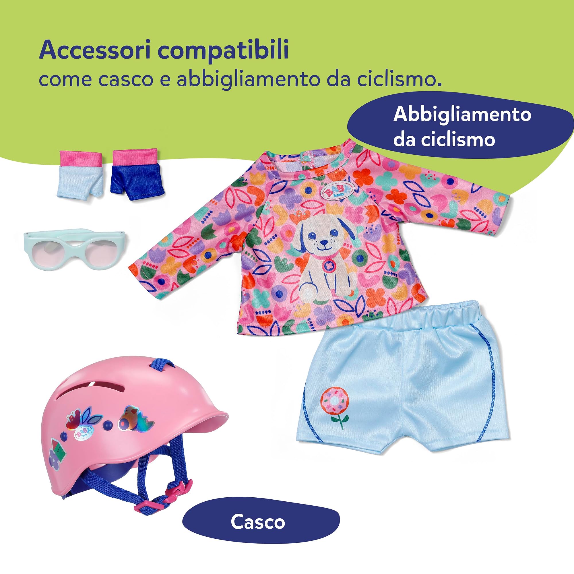 BABY born Bicicletta con Lucky, bicicletta per bambole con cestino, manubrio e adesivi