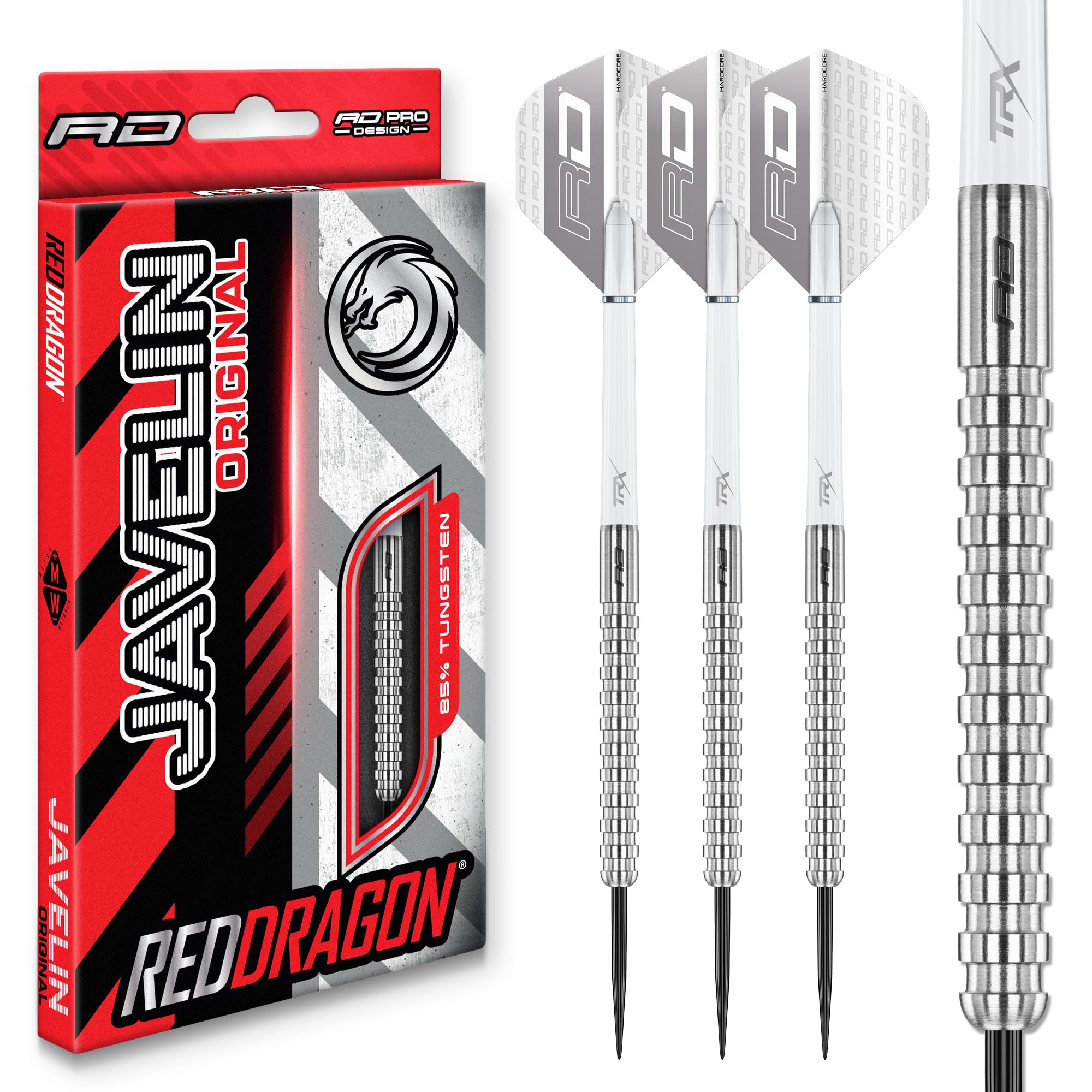 RED DRAGON Darts - Javelin 26g Steeldarts | Originalserie Dart Set – 85% Tungsten Dartpfeile – Profi Dart Pfeile inkl. Dartflüge & Dartschäfte