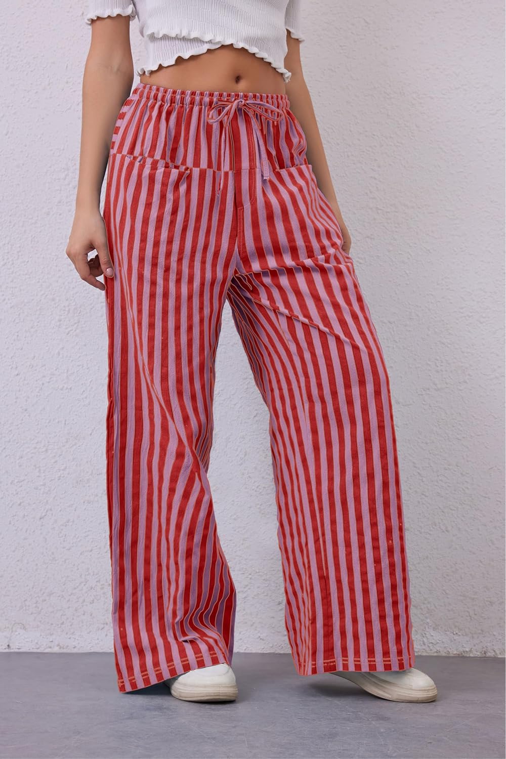 Women Drawstring Stripe Wide Leg Casual Trousers Striped Low Rise Casual Loose Lounge Pants with Pockets - Image 5