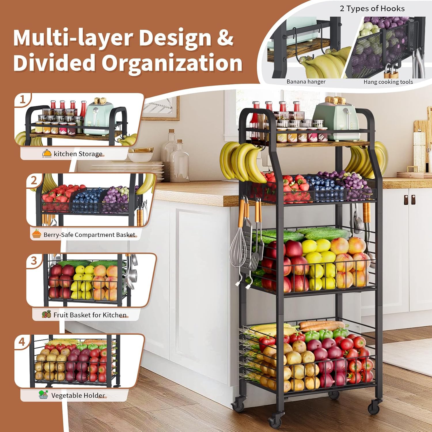 VINAEMO 4 Tier Vegetable Fruit Basket for Kitchen, Vegetable Rack Storage Stackable Basket Stand with Wheels, Higher Fruit Holder with Spice Rack and Hooks for Kitchen, Office, Store, Pantry