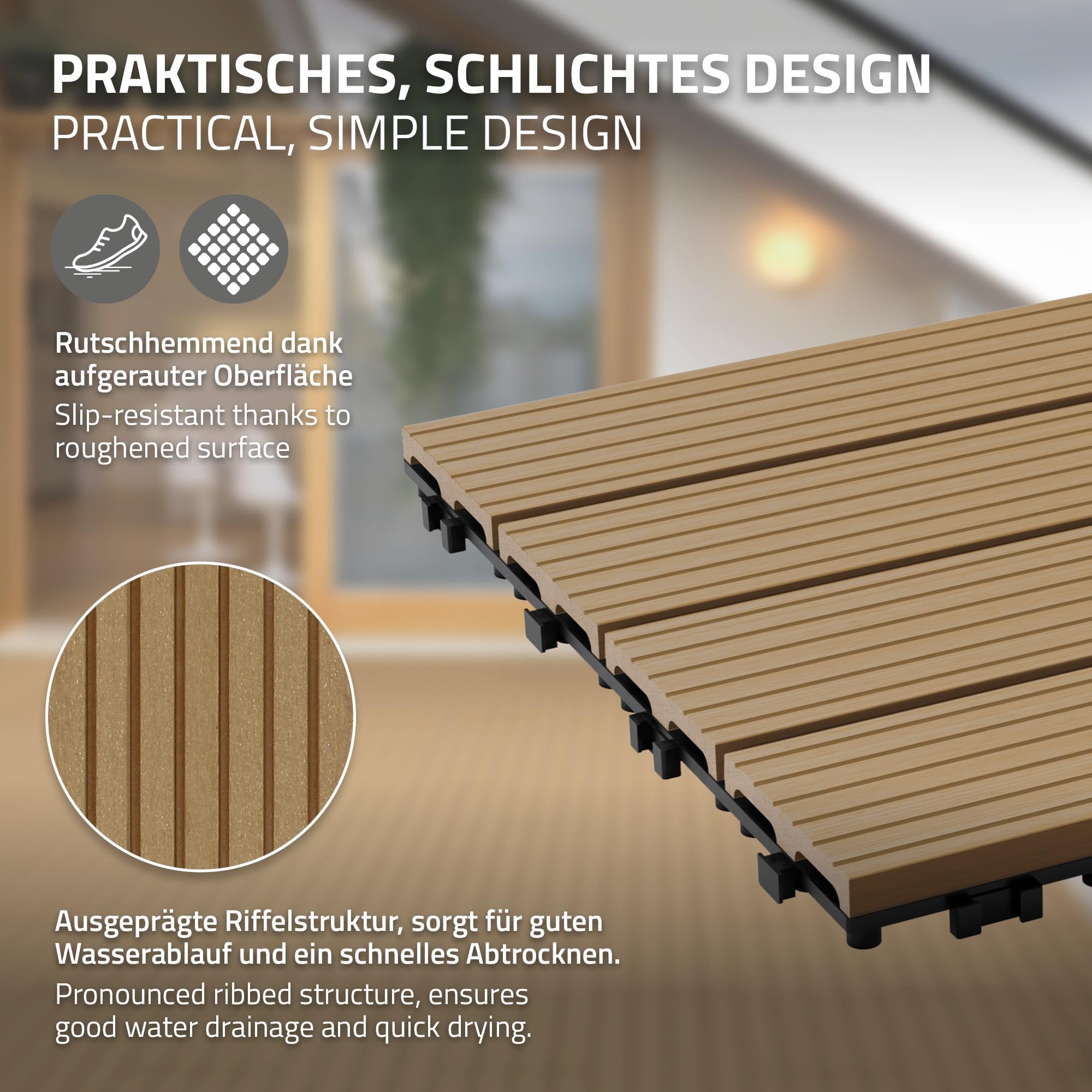 ECD Germany Piastrelle per Pavimenti da Esterno Piastrelle per Terrazze in WPC 60x30 cm Set di 6 Pezzi 1 m² Colore Teak con Aspetto Legno Piastrelle da Giardino con Drenaggio e Sistema Plug-in