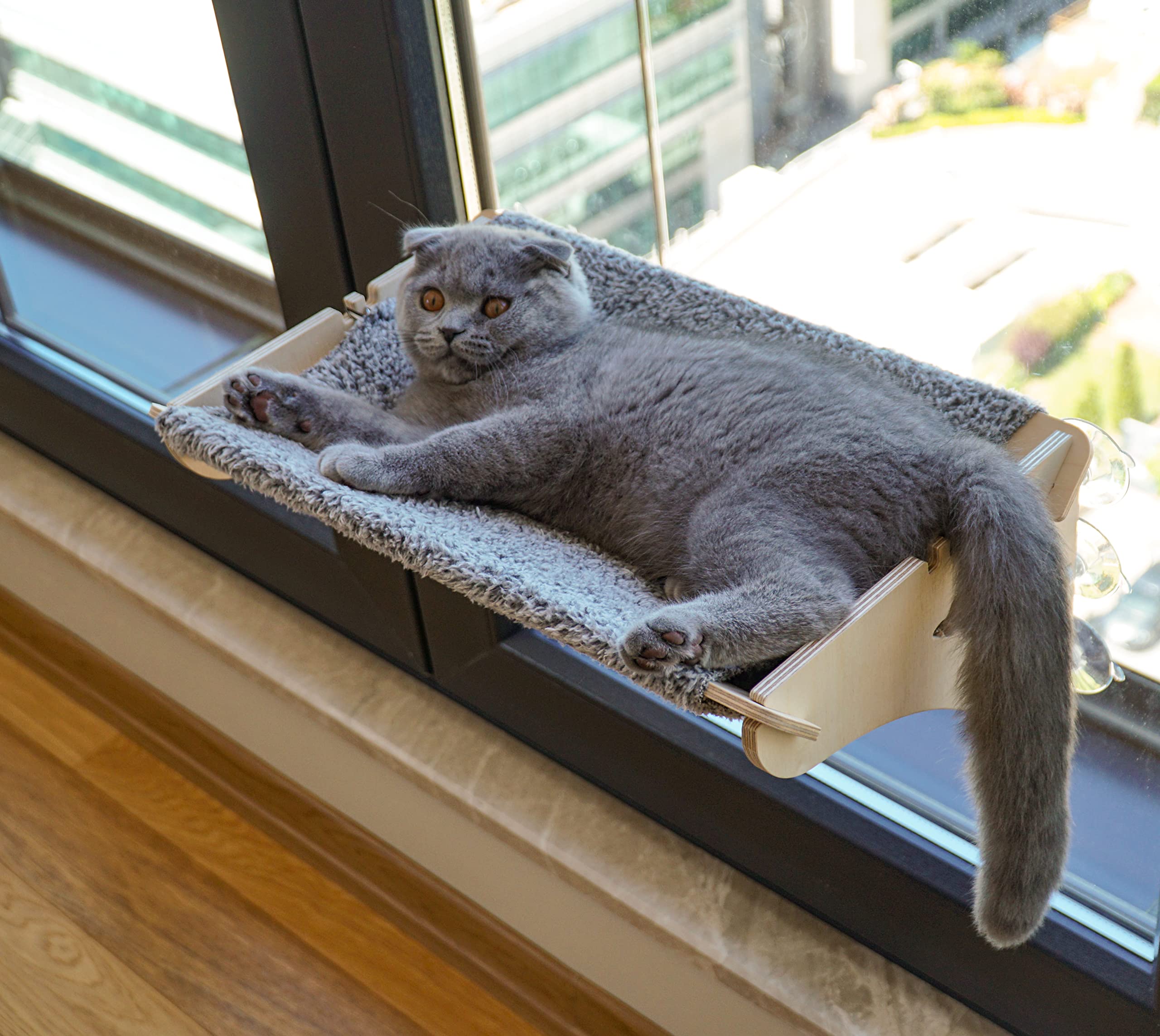 Houten kattenhangmat, 61 x 29 cm, vensterplaatsen, slaapplaats, vensterligstoel, kattenmeubel, kattenschommel, werkgelegenheid, bedden, vensterplaatsen, krachtige zuignappen, veilige en robuuste