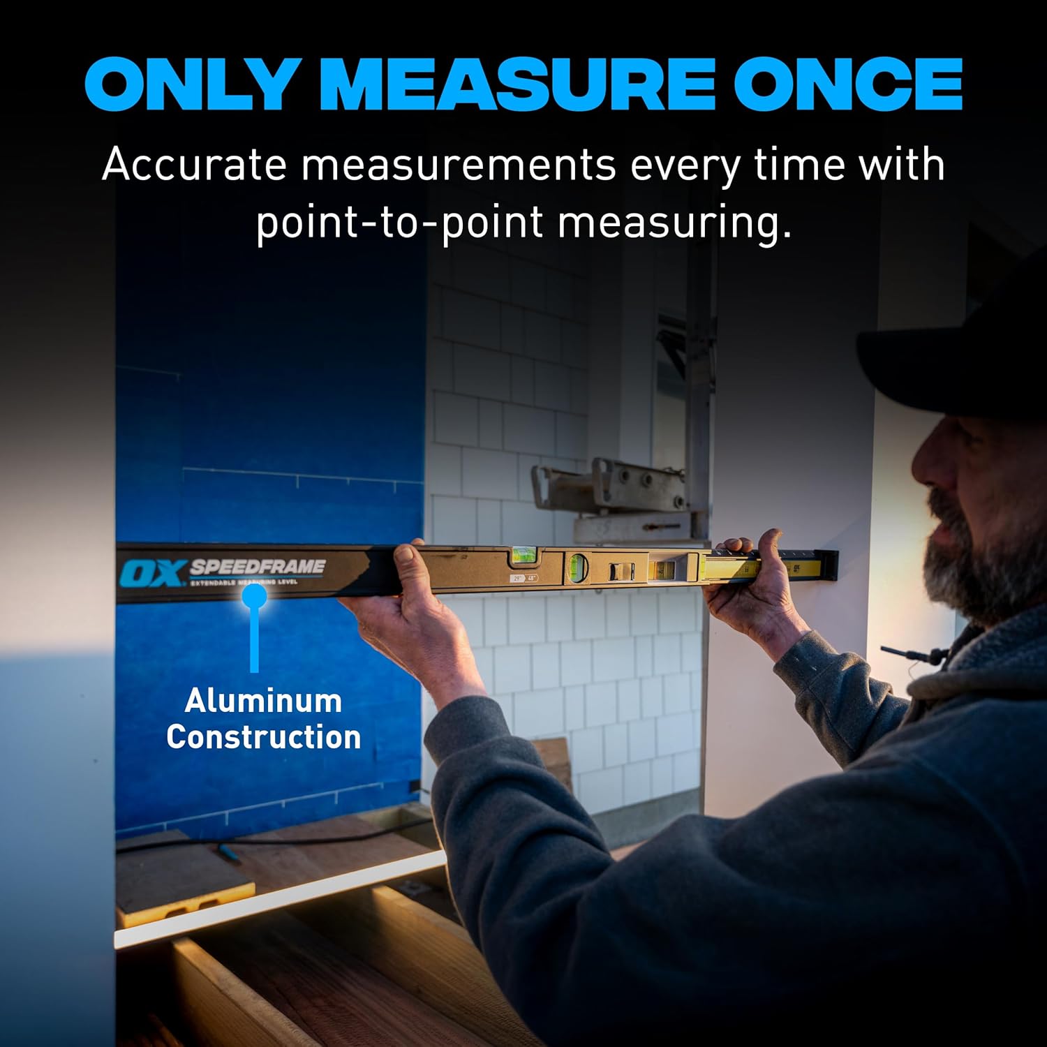 OX Pro 53"-96" Speedframe Measuring Extendable Level with Twin-Rail Extension - Integrated Scale Window - 5 Vials - Scribing Edge