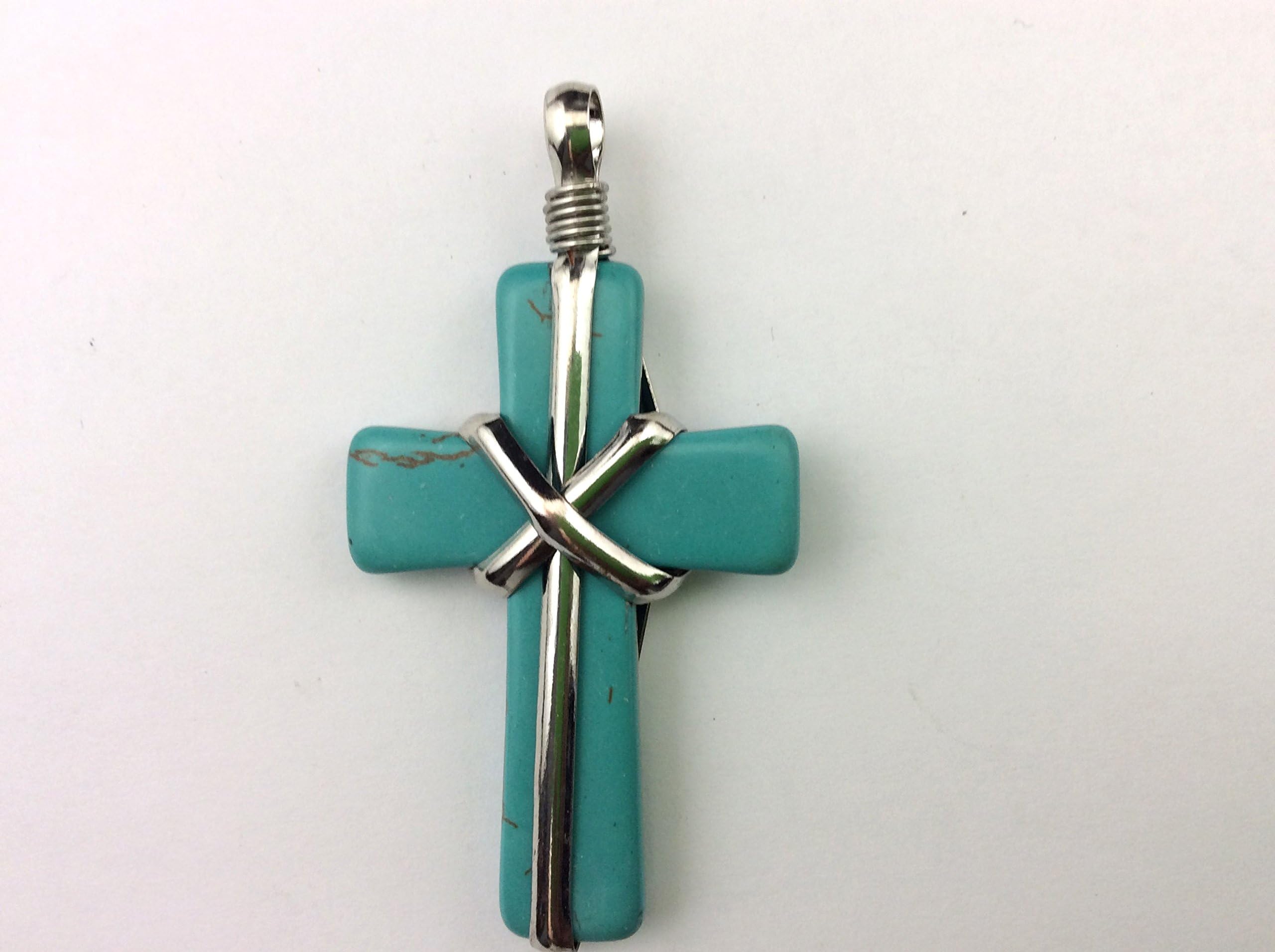 Natural Howlite Cross (Treated Turquoise Color) Pendant Wire Wrapped In Zinc Alloy Metal(No Lead, No Nickel) J1317