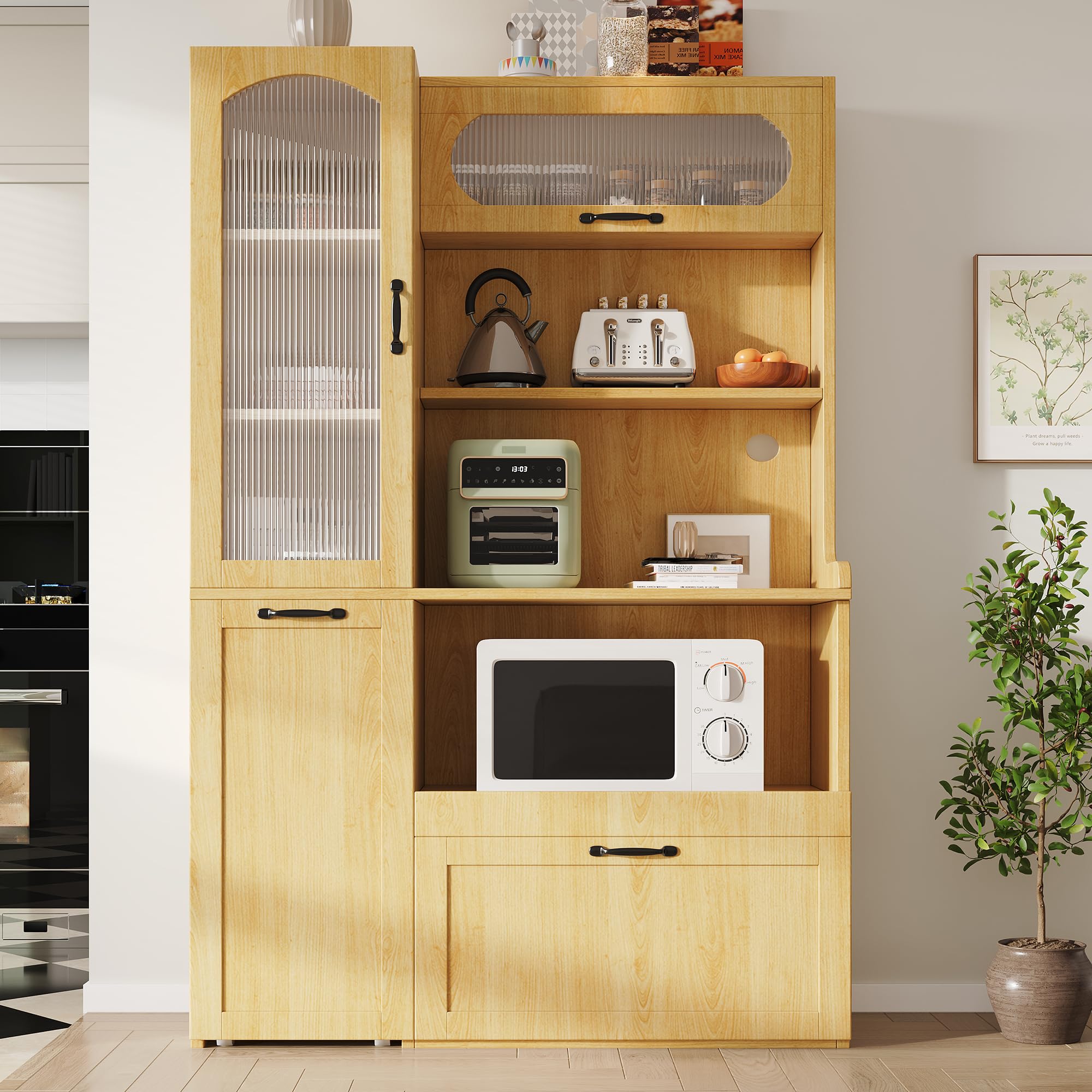 Mobile alto con ripiani regolabili e cassetti, mobile da cucina con ripiani estraibili e vetro scanalato, ideale per sala da pranzo, soggiorno e cucina, colore naturale