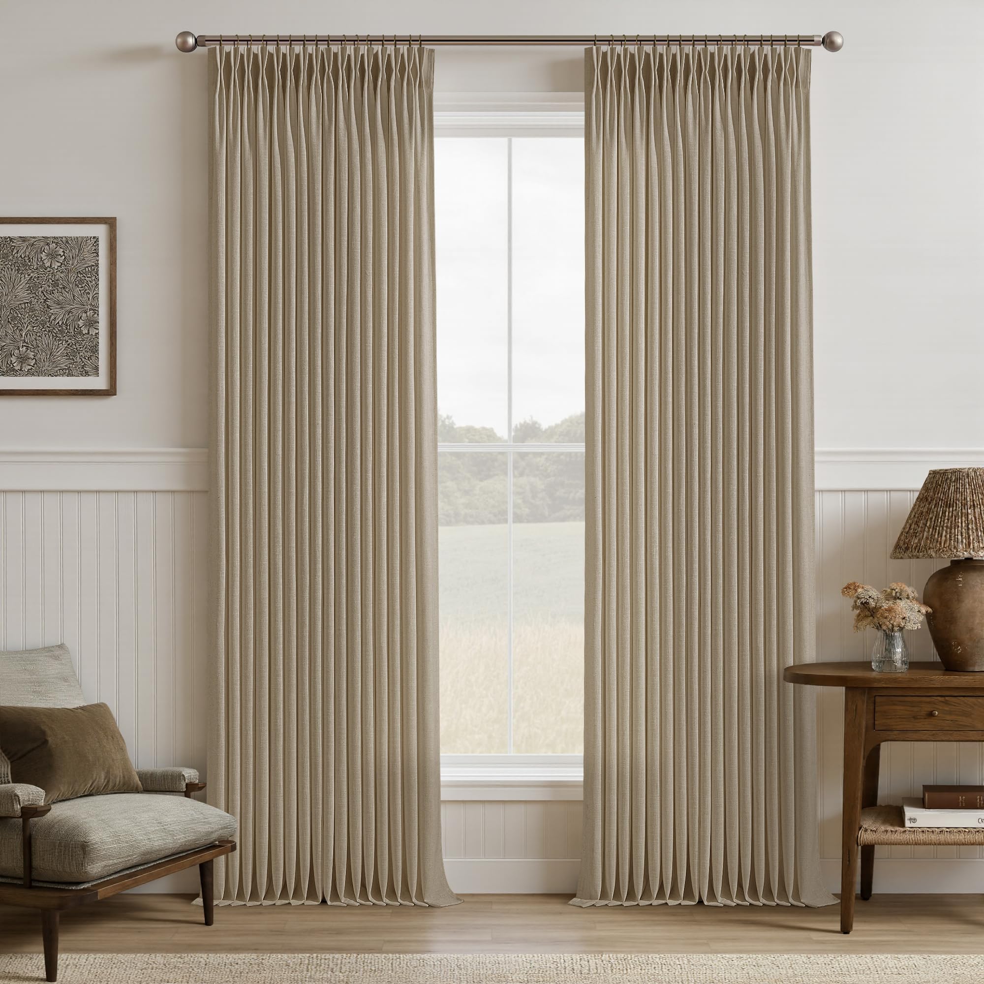 View 1 of 108 Inch Camel Tan Pleated Linen Light Filtering Country Curtains 50WxL108
