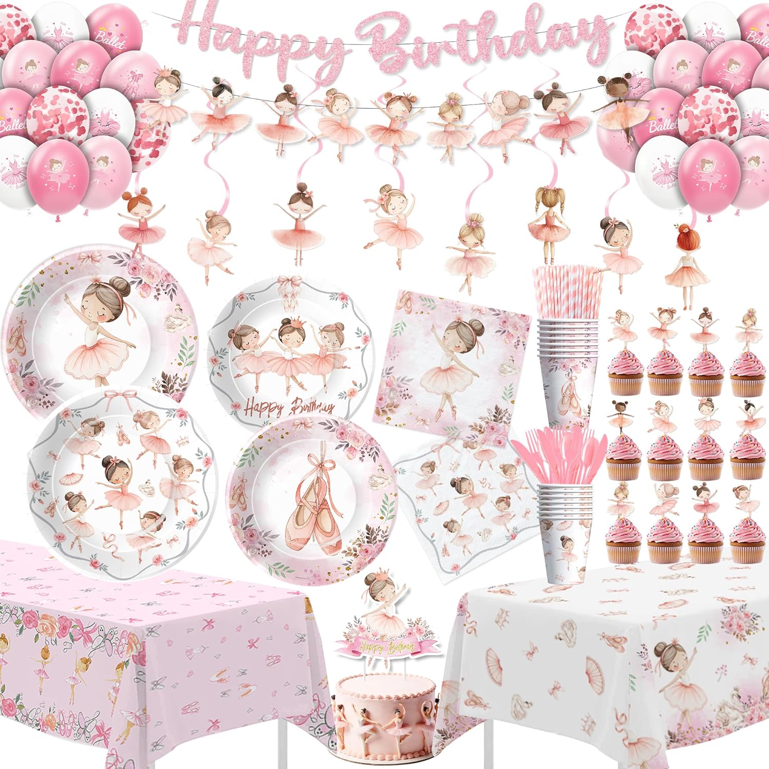 Srua Don Ballerina Birthday Party Decorations Girl, Pink Dance Theme Ballet Party Supplies for Birthday Baby Shower, Paper Plate, Cup, Napkin, Topper, Tablecloth, Balloons, Cutlery, Banner, Serves 24