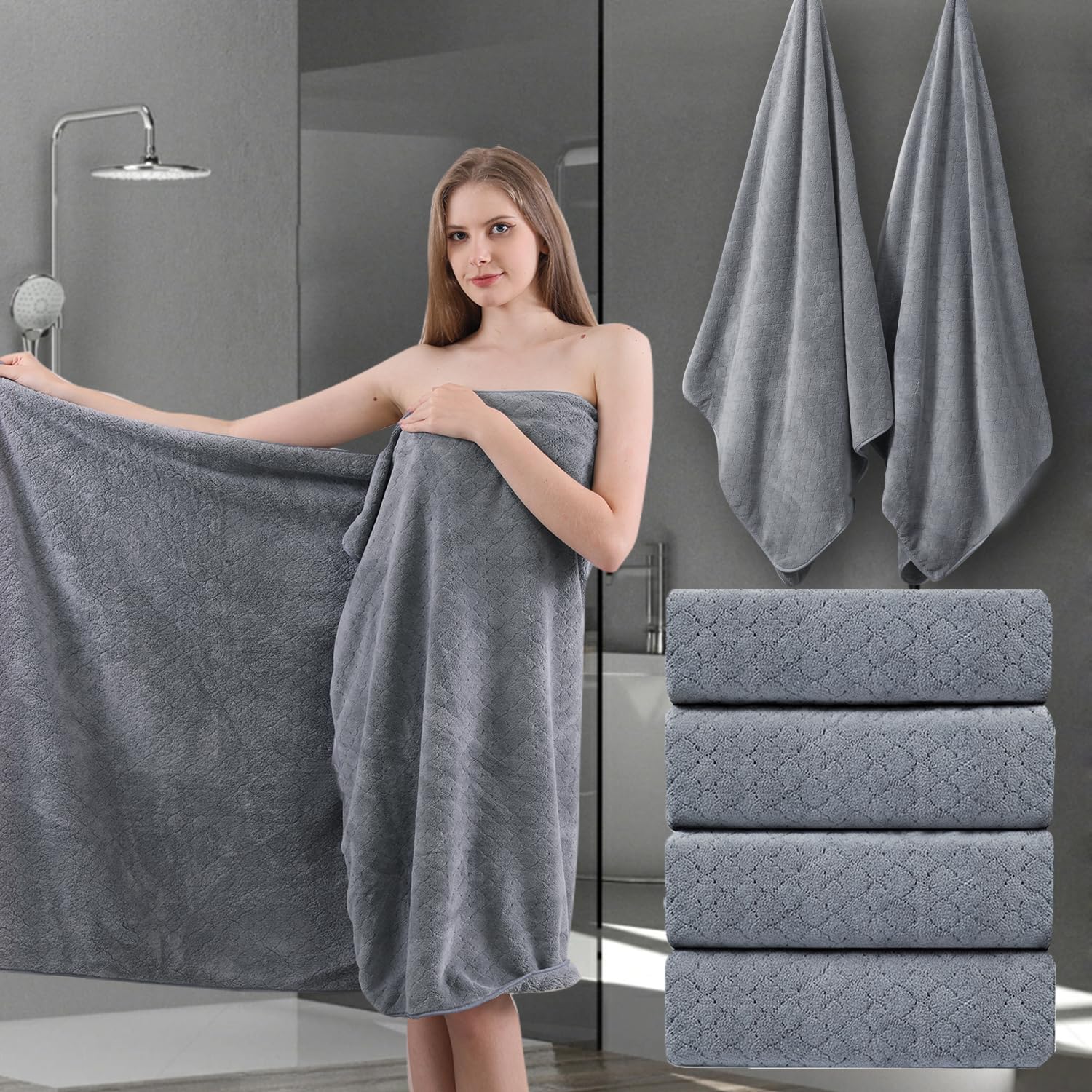Ycosy Gray Bath Towels Set 35x70 Inches - Luxury 600 GSM Oversized Bath Sheet Towel,Extra Large Microfiber - Quick Dry,Highly Absorbent,Super Soft