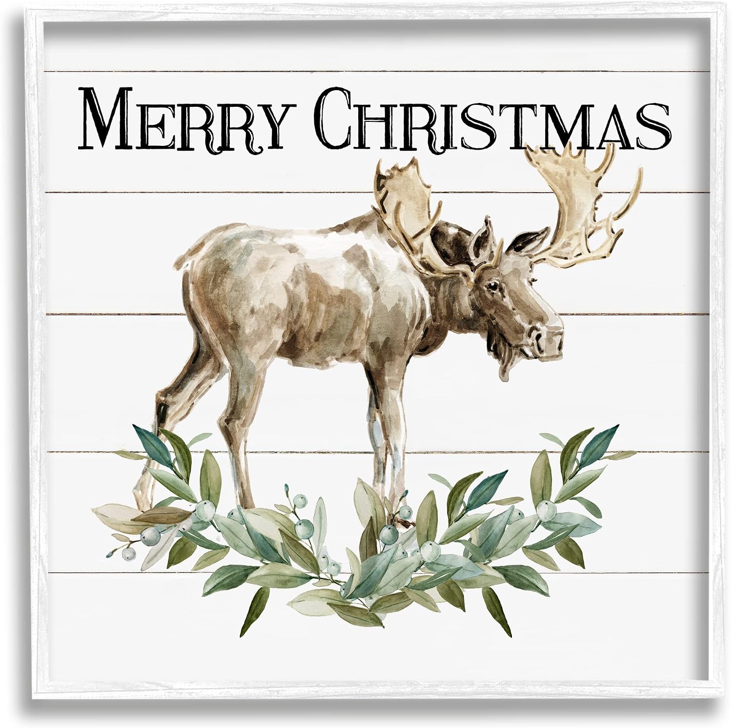 'Merry Christmas Moose Laurel'| Framed Giclee Art | Stupell Industries | White, 12 x 12 Inches, Easy to Hang and Sturdy, Made in USA, by Carol Robinson