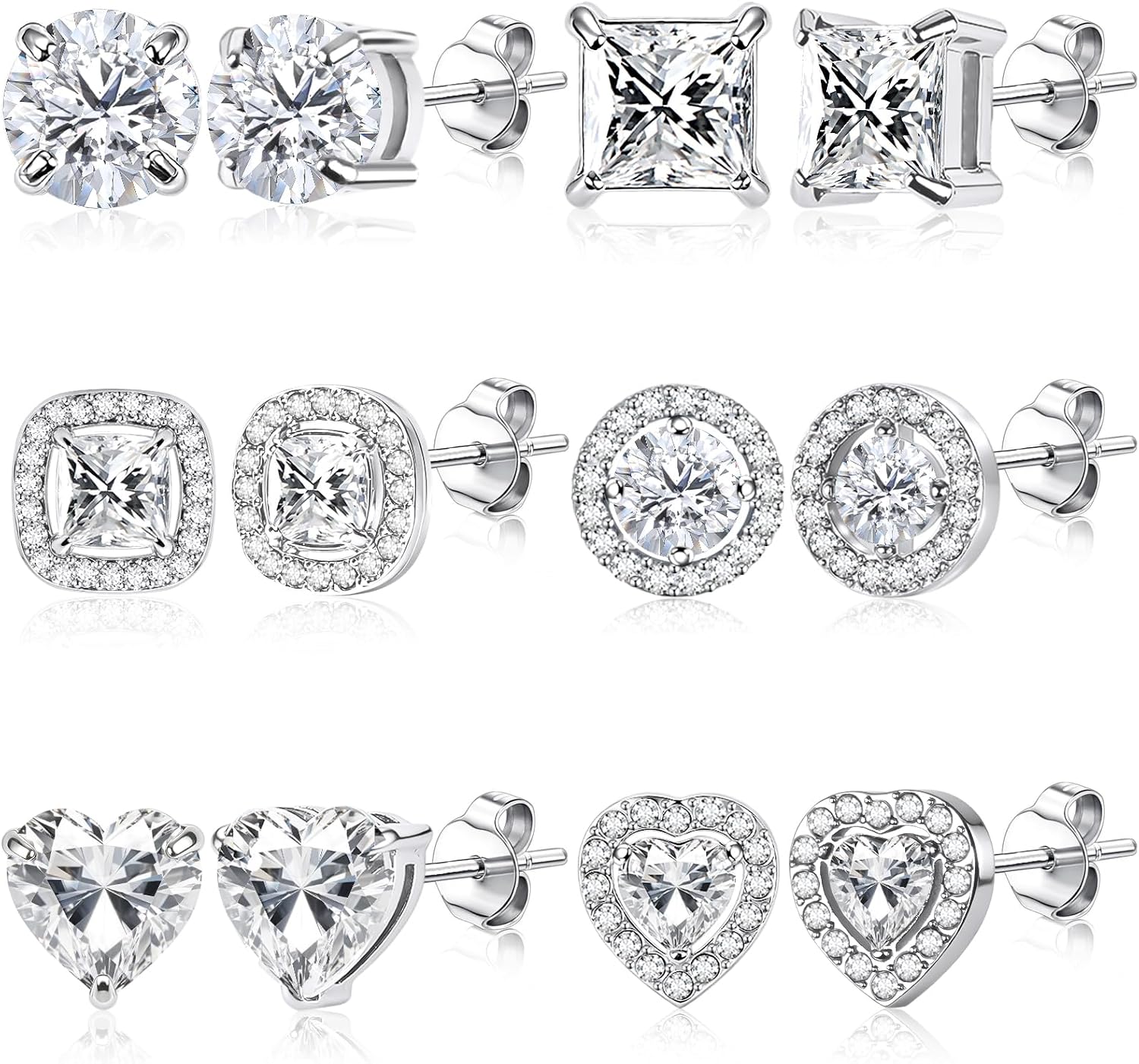 ONESING 6 Pairs Stud Earrings for Women 14K Gold/Silver Plated Hypoallergenic Cubic Zirconia Earrings Studs Stianless Round Square Heart CZ Stud Earrings Set for Women Men