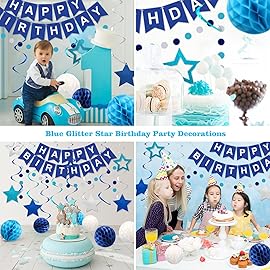 meowtastic Birthday Decorations, Happy Birthday Banner with Honeycomb Balls, Stars Hanging Swirl Streamers, Circle Dots Garland, Happy Birthday Party Decorations for Women Men Boys Girls (Blue)