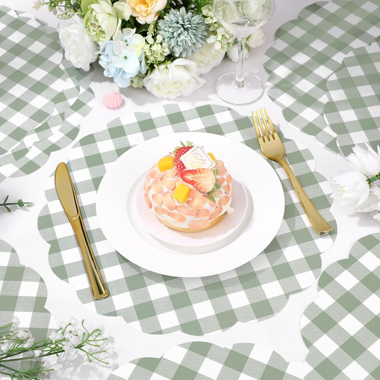 Tinlade 80 Pcs Sage Green Gingham Paper Placemats Disposable Scalloped Place Mats 13 Inch Buffalo Plaid Table Mats for Picnic Birthday Baby Shower Wedding Party