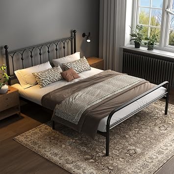 OLIXIS Metal Queen Bed Frame with Headboard, Black Iron Platform Bed Frame, Victorian Style, Stable Steel Slat Support, High Underneath Space, No Box Spring Needed
