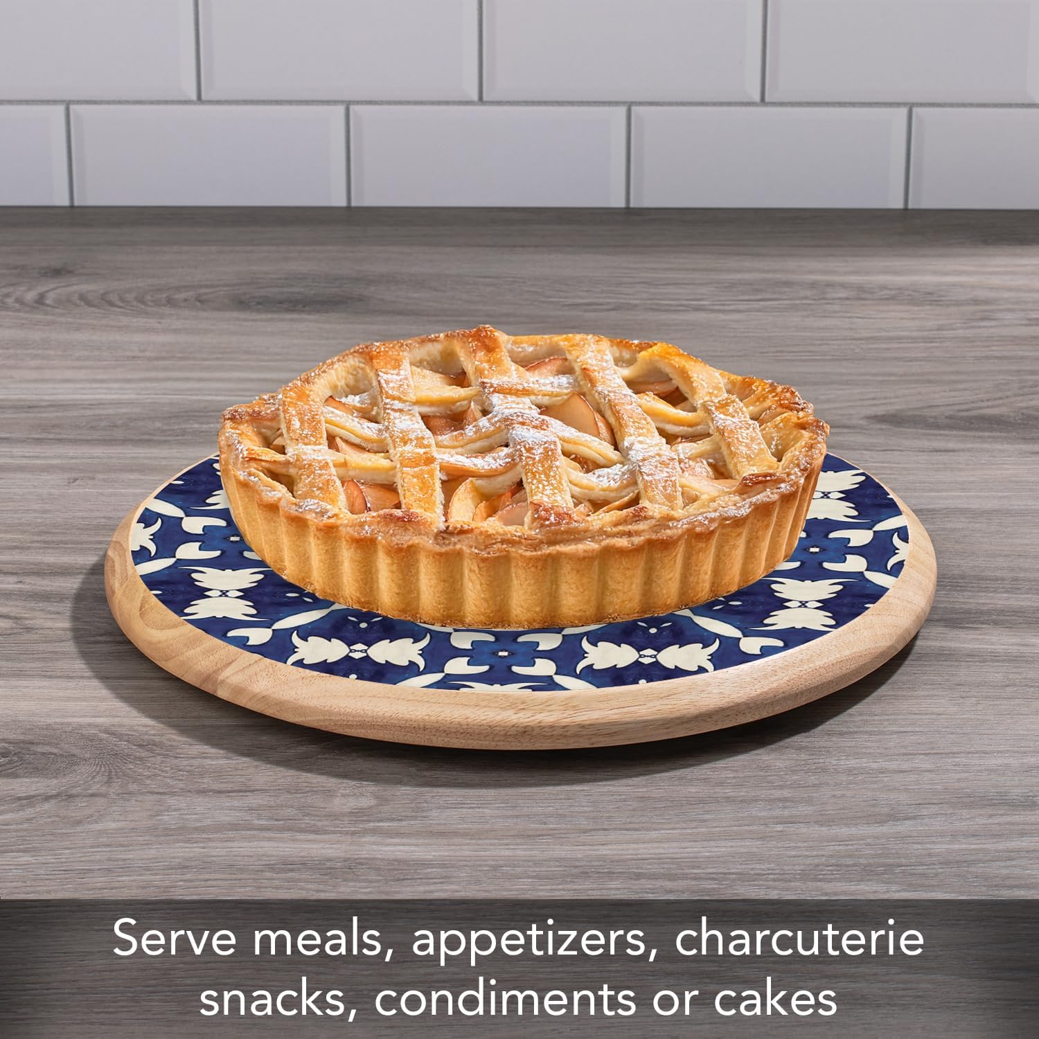 CounterArt Decorative Round Natural Wood Lazy Susan Turntable 14" Diameter Condiment Caddy, Cheese Server, Cake Plate, Spice Organization (Blue & White)