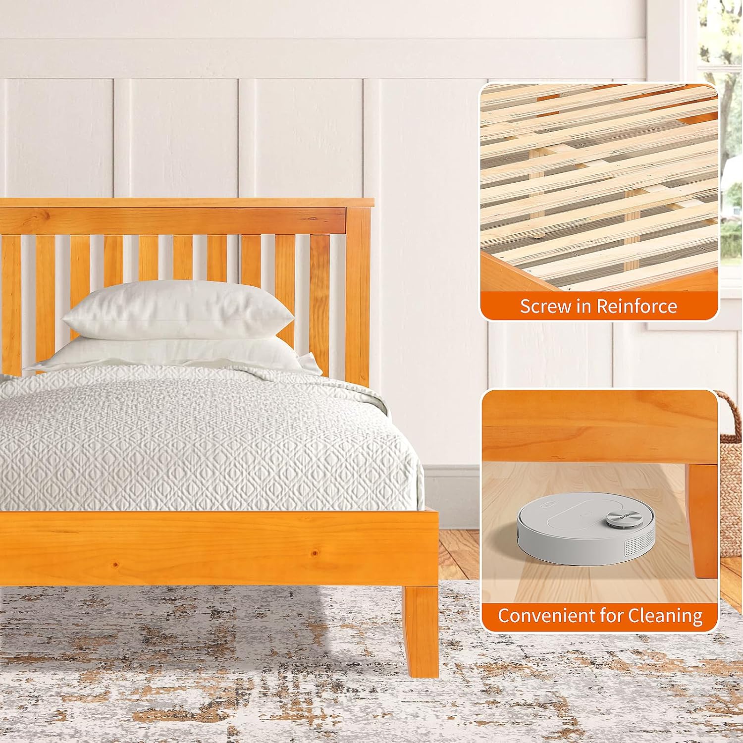 Dkeli Full Size Bed Frame with Headboard - Solid Wood Platform Bed, No Box Spring Needed, Quiet & Sturdy Wood Slat Support, Easy Assembly for Kids & Adults, Natural