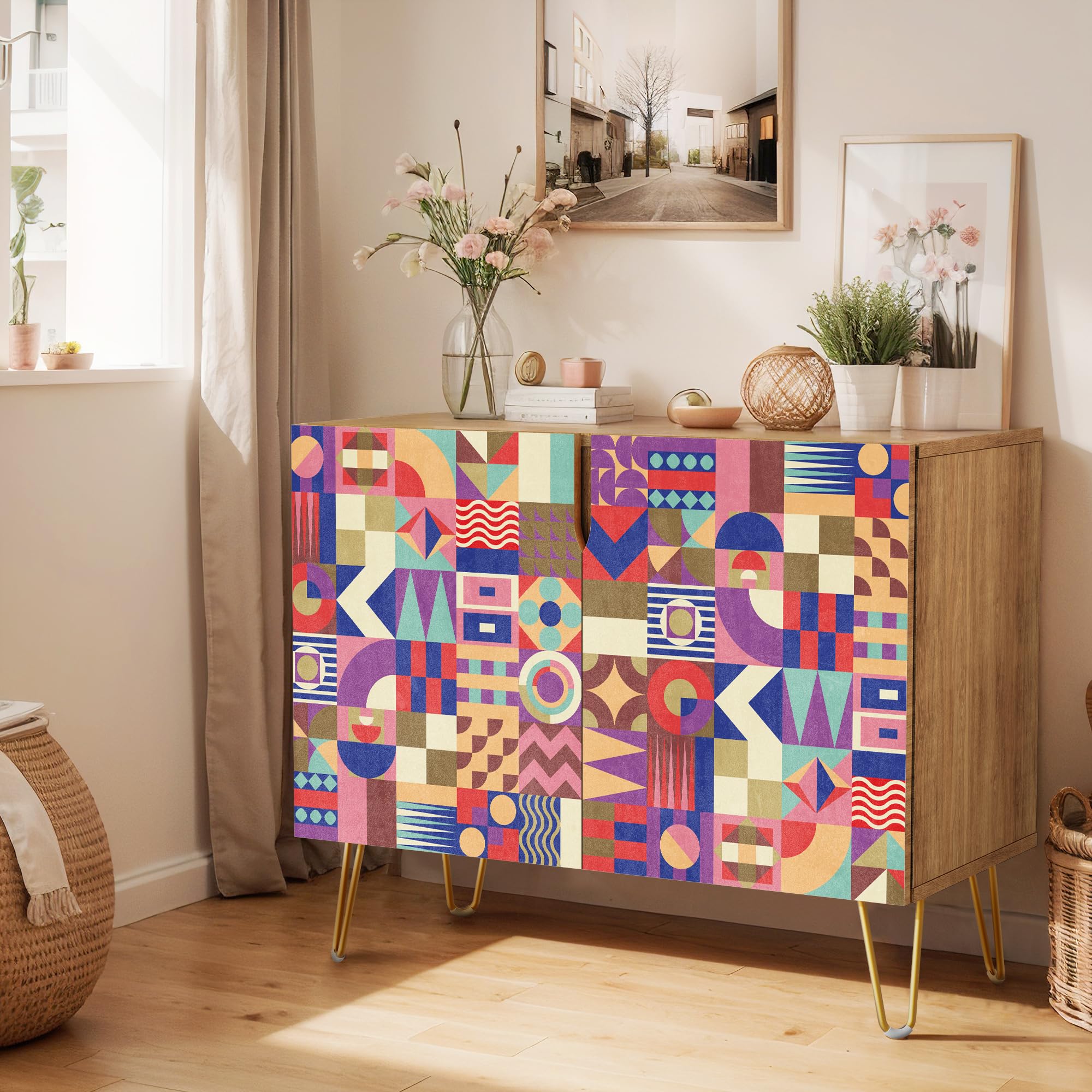 SIGNWIN Sideboard Buffet Cabinet, Kitchen Storage Cabinet with 2 Doors, Vibrant Polygon Collage Patterns, Cupboard Console Table for Dining Room - 35"