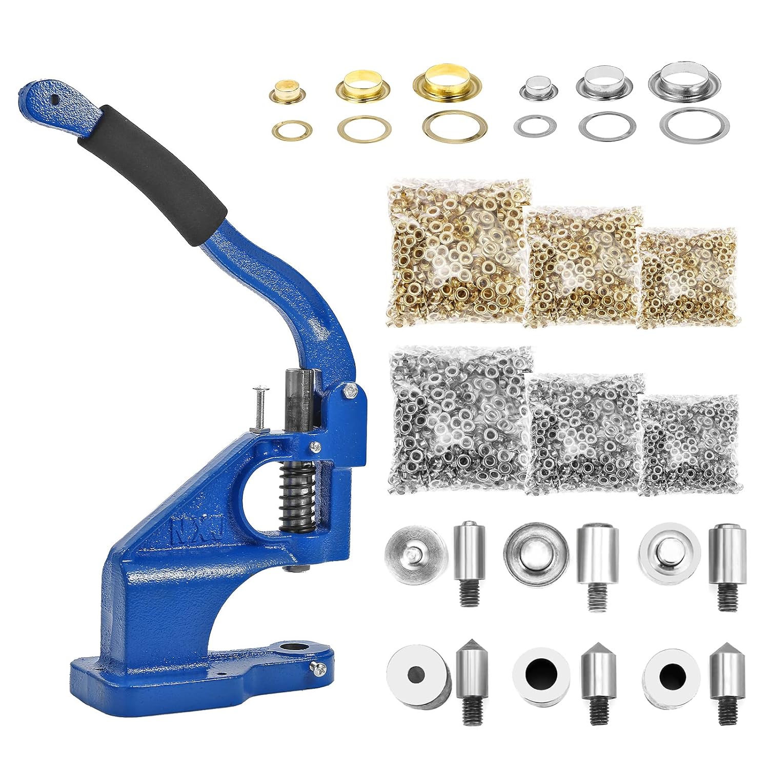 BEAMNOVA Hand Press Grommet Machine Upgraded Material Eyelet Tool Set, 3 Hole Punching Dies, 3 Setting Dies for 1/4, 3/8, 1/2 Inch (6, 10, 12mm), 1500 Silver & 1500 Golden Grommet Supplies