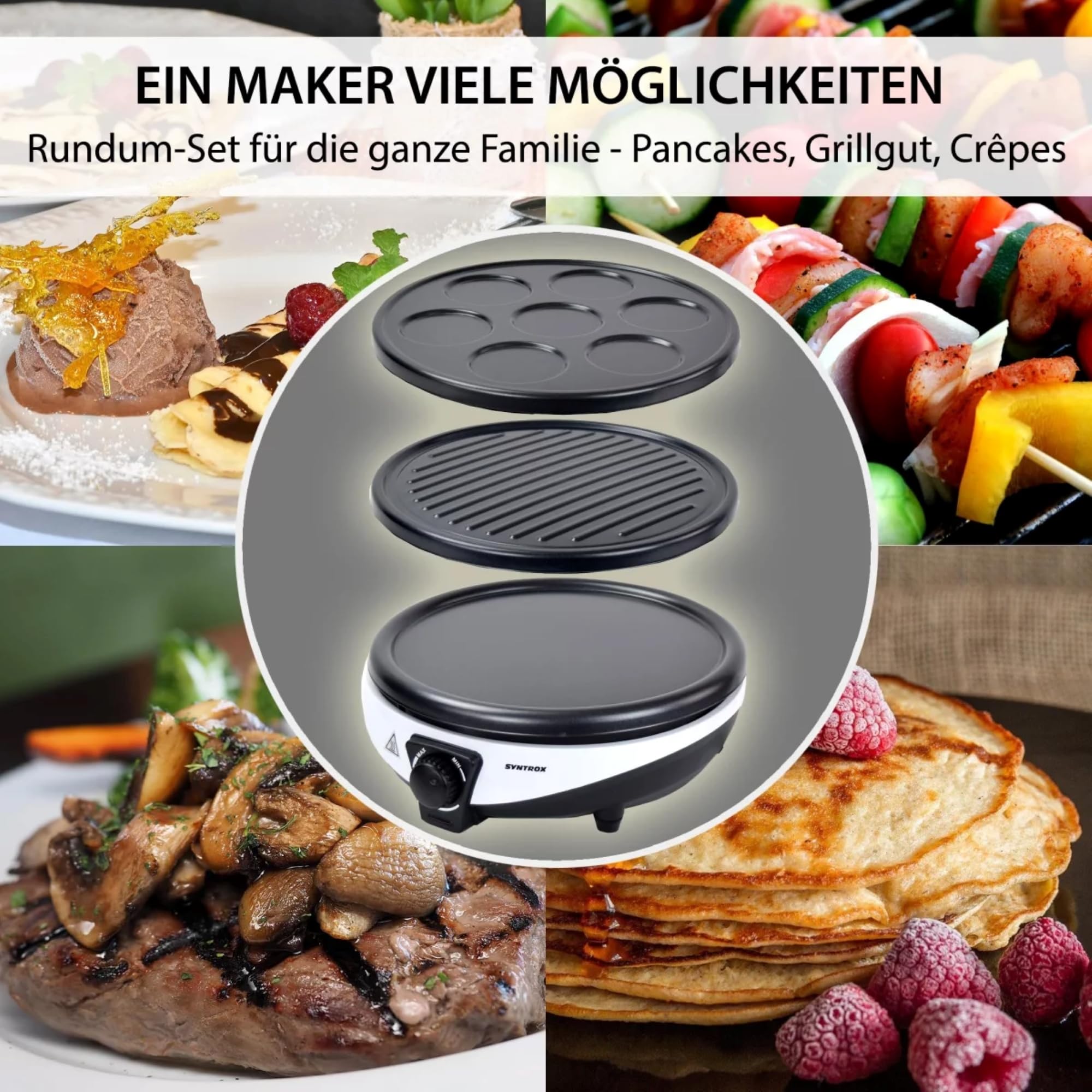 Syntrox Germany 3 in 1 Crepes Maker Pfannkuchen Eierkuchen Elektrogrill Zephir, Mixcaker, Crepespfanne, Pancakepfanne, leichte Reinigung, 1000 Watt Leistung, 30 cm Durchmesser