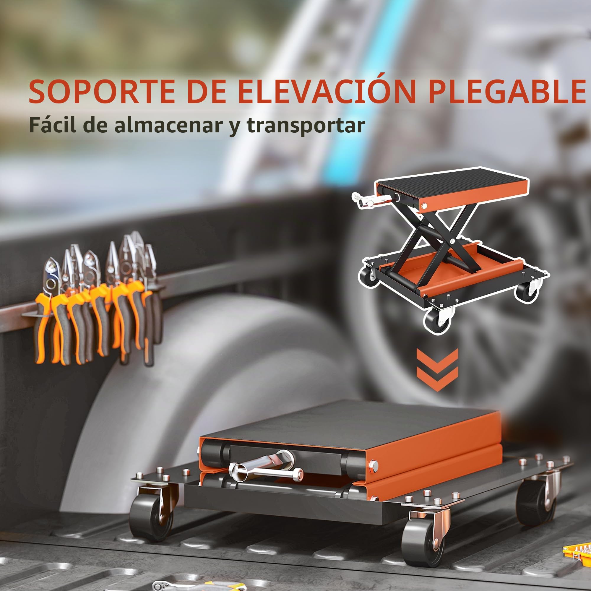 HOMCOM elevador de motos 500 kg elevador de motos 135-390 mm regulable en altura elevador de tijera para reparación de motos en garaje y exteriores