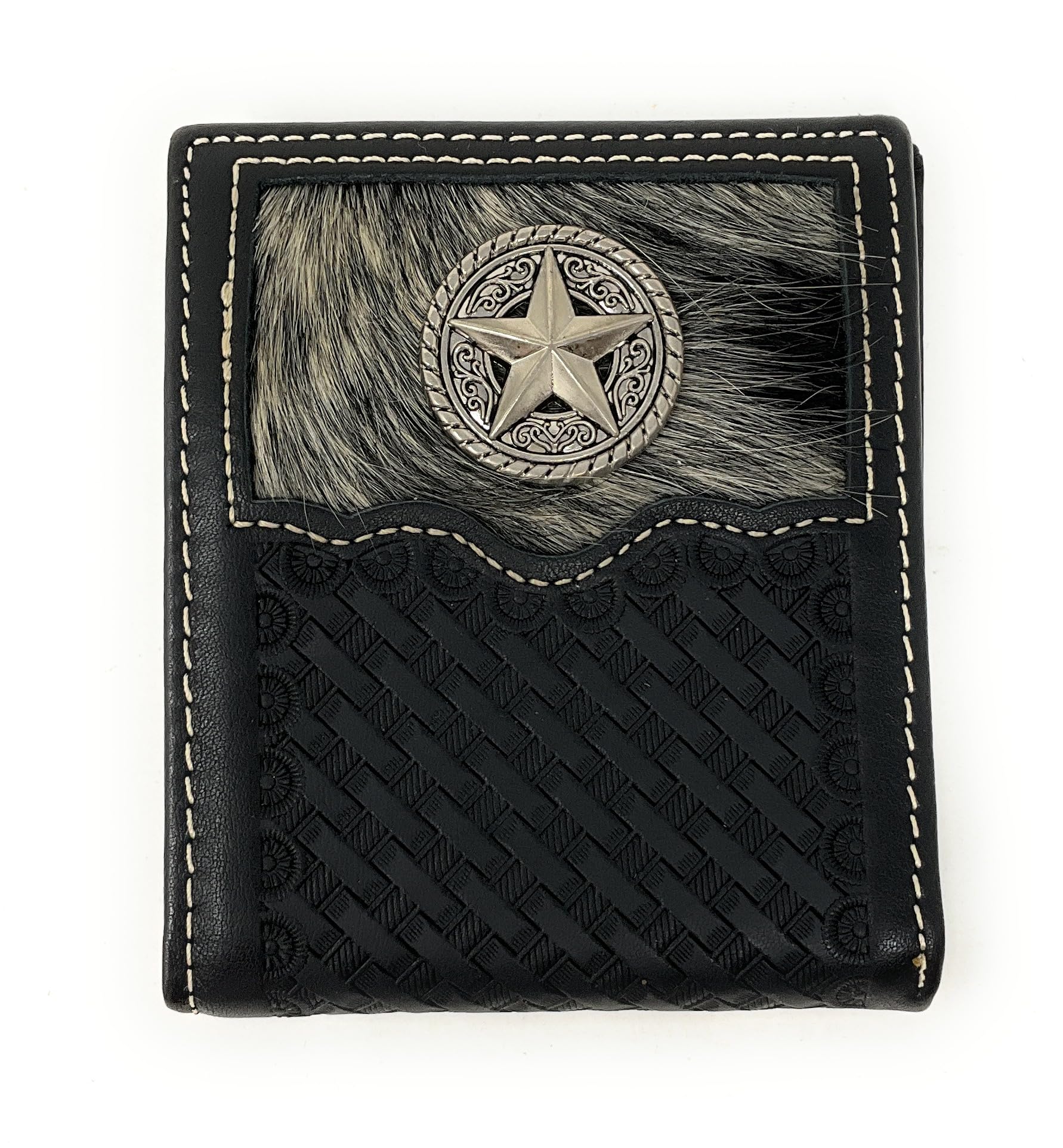 Western Genuine Woven Leather Cowhide Mens Bifold Short Wallet in Multi Emblem (Black Lone Star)