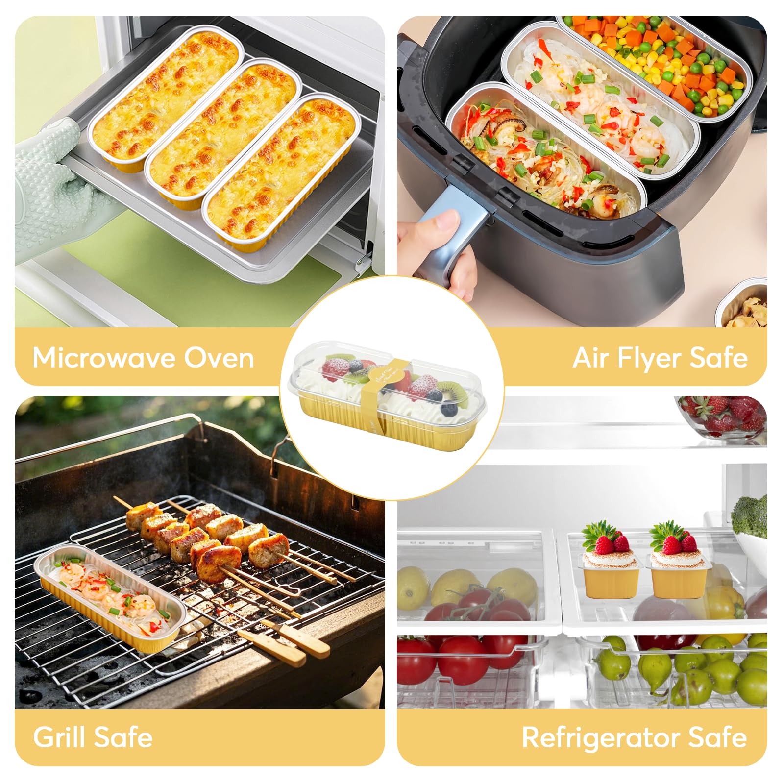 Ruckae Paquete de 100 mini moldes para pan con tapas y cucharas, desechables, de aluminio, rectangulares, para hornear, fiestas, picnics, regalos (dorado)