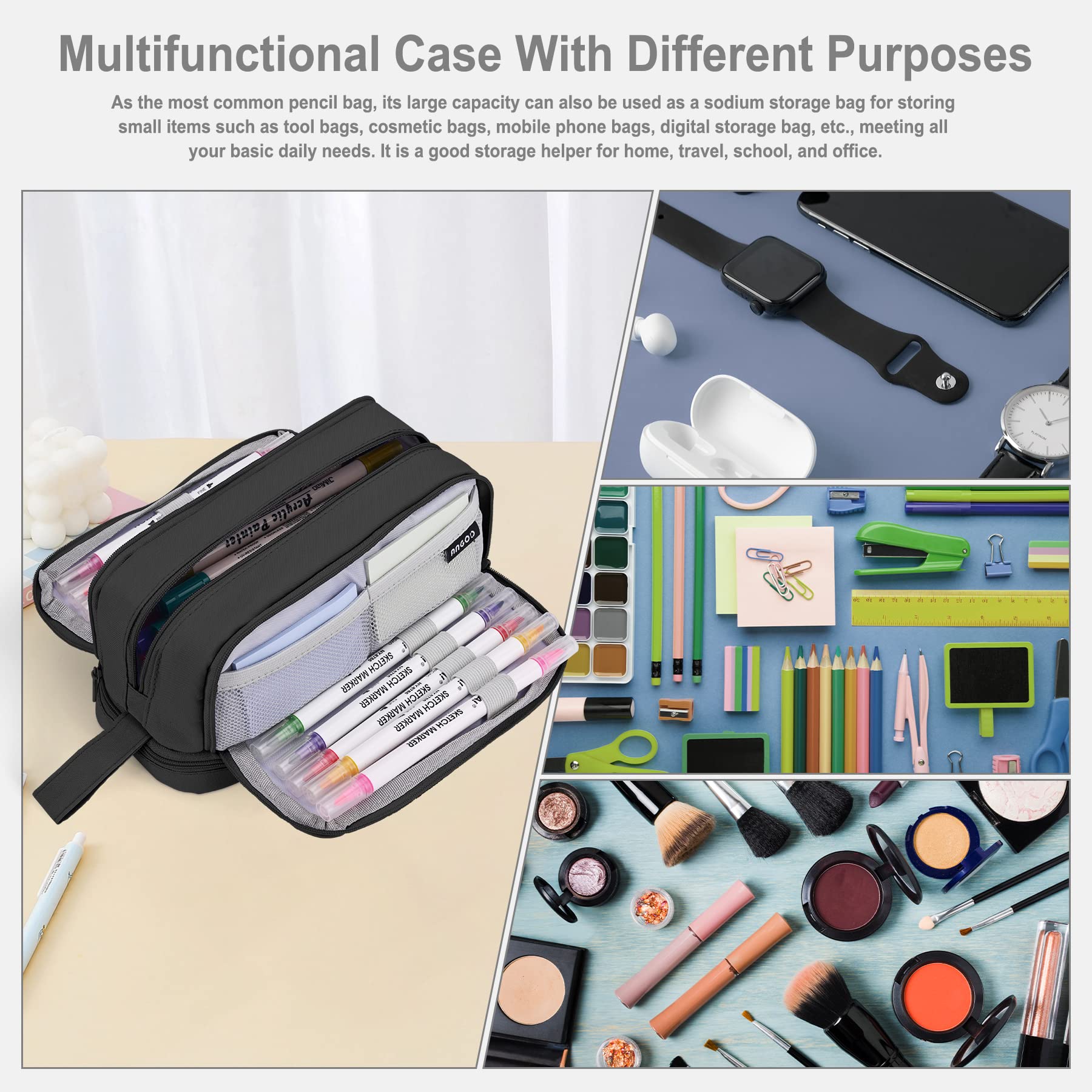 Sciphylia Astuccio Astuccio Grande Capacità Astucci Bambini Ragazzo con 4 Scomparti Astuccio Materiale Scolastico Stazionario Ufficio Trucco Borsa Astucci per Università Studente Donna Uomo, Nero