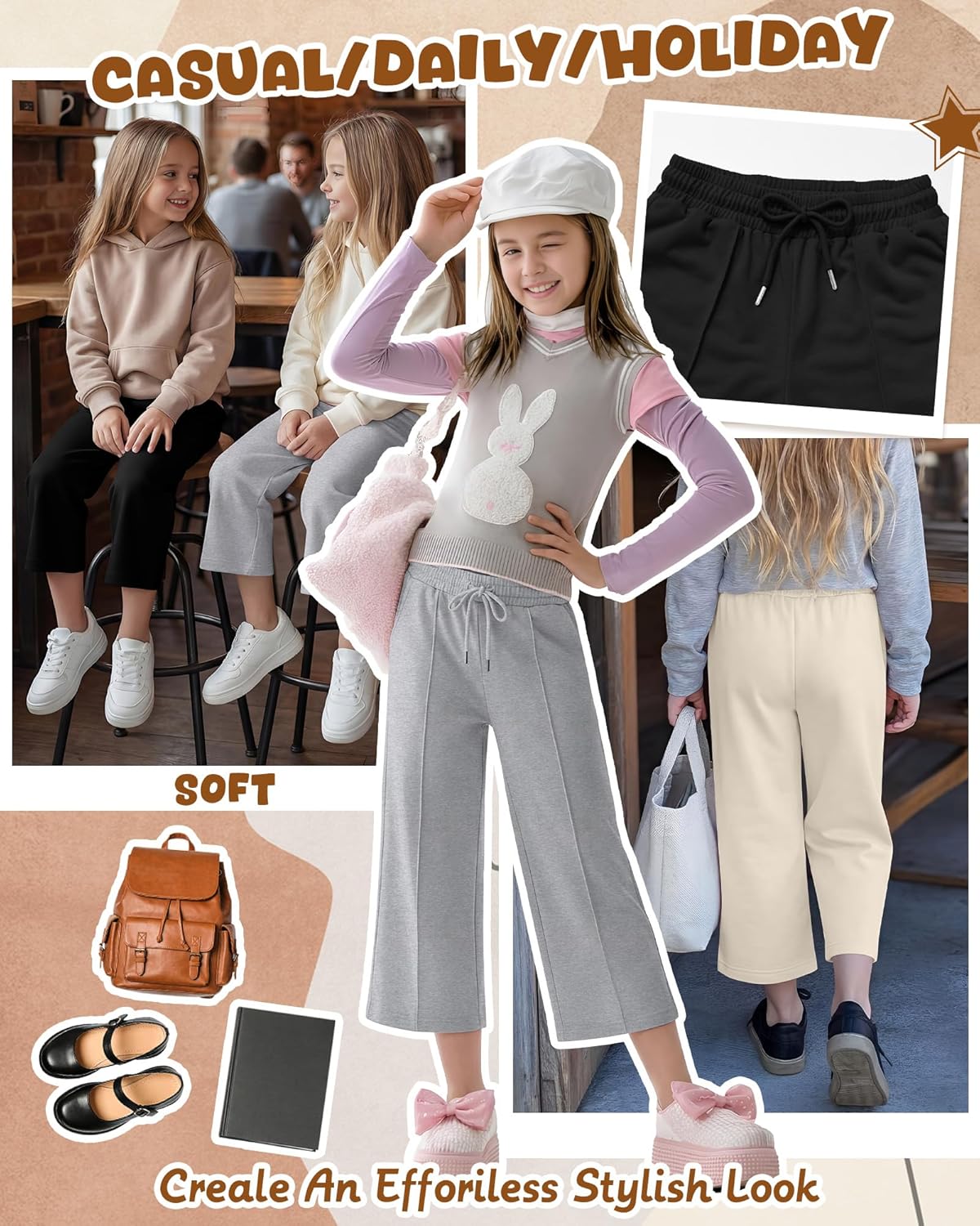 3 Pack Wide Leg Capri Pants Elastic Waist Drawstring Capris with Side Pockets Casual Trousers 5-14 Years