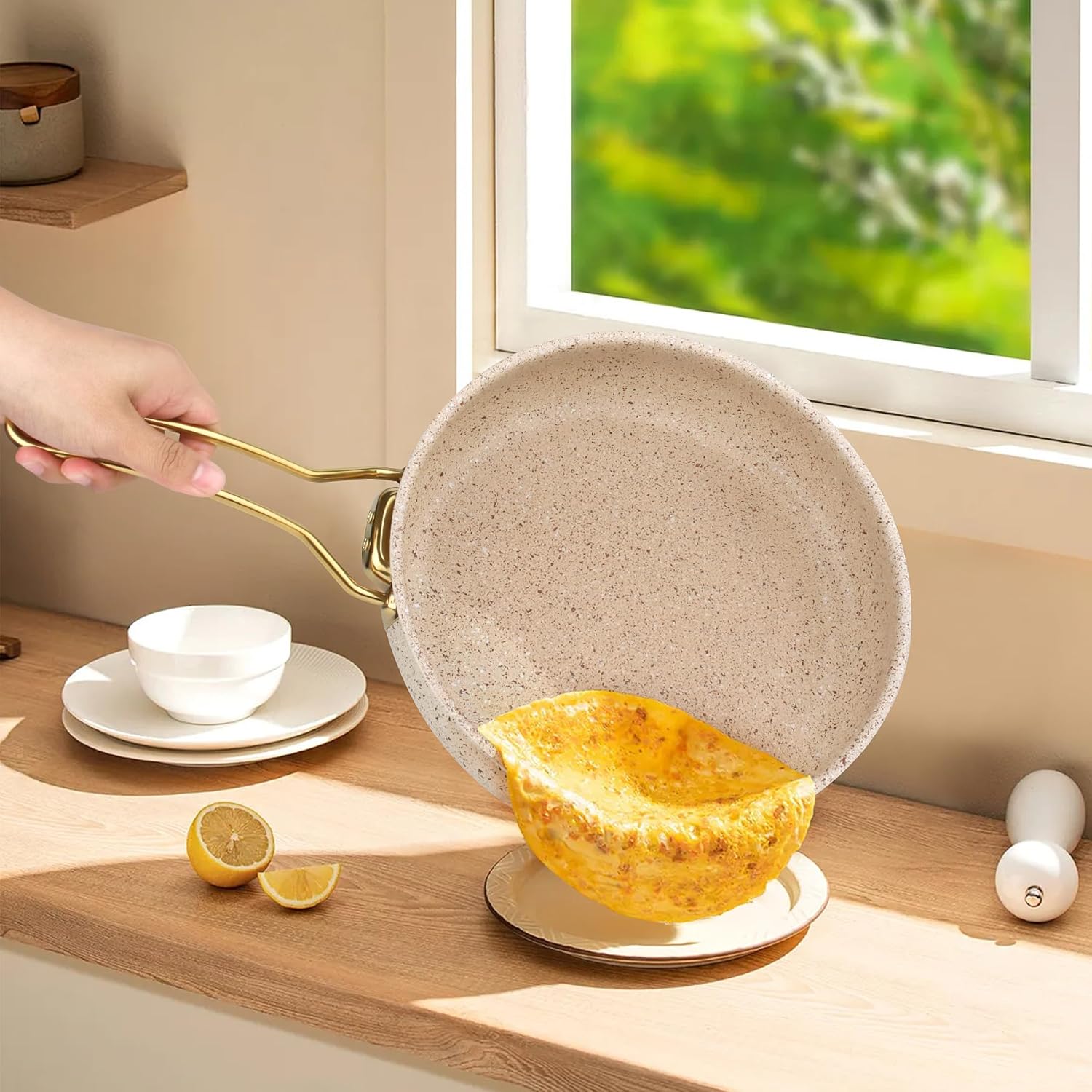 5-Ply Stainless Steel Cookware Set, 12Pcs Pots and Pans Set Non Stick with Stay-Cool Handles, Induction Compatible, Stackble Design, Includes with Frying Pan, Saucepans and Saute Pan (Beige)