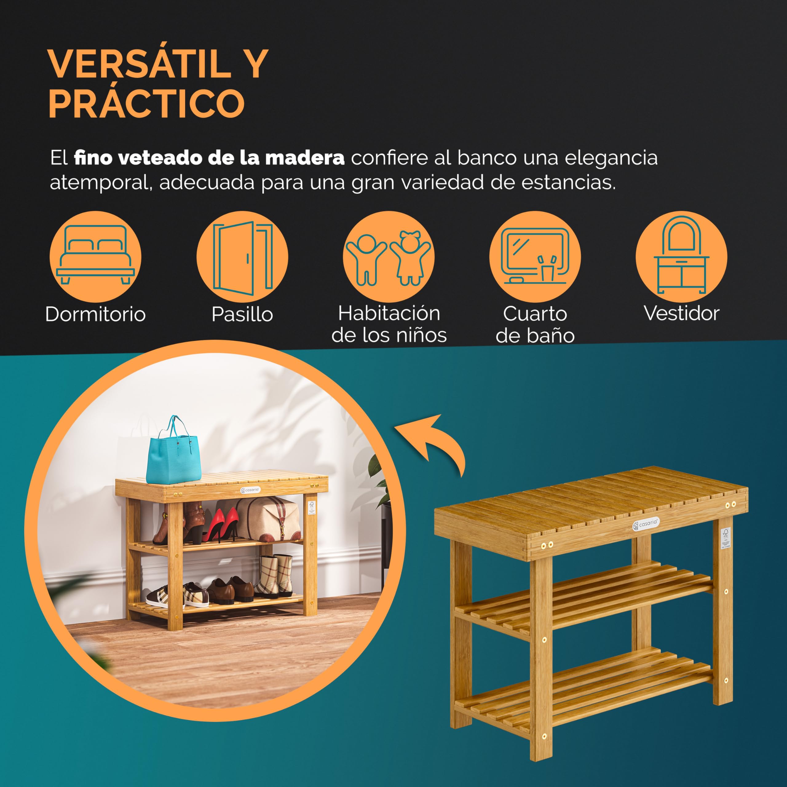 CASARIA® Banco Zapatero Estantería Zapatos 2 Estantes 70x33x46cm 160Kg Certificado FSC® Baño Sala Pasillo Entrada