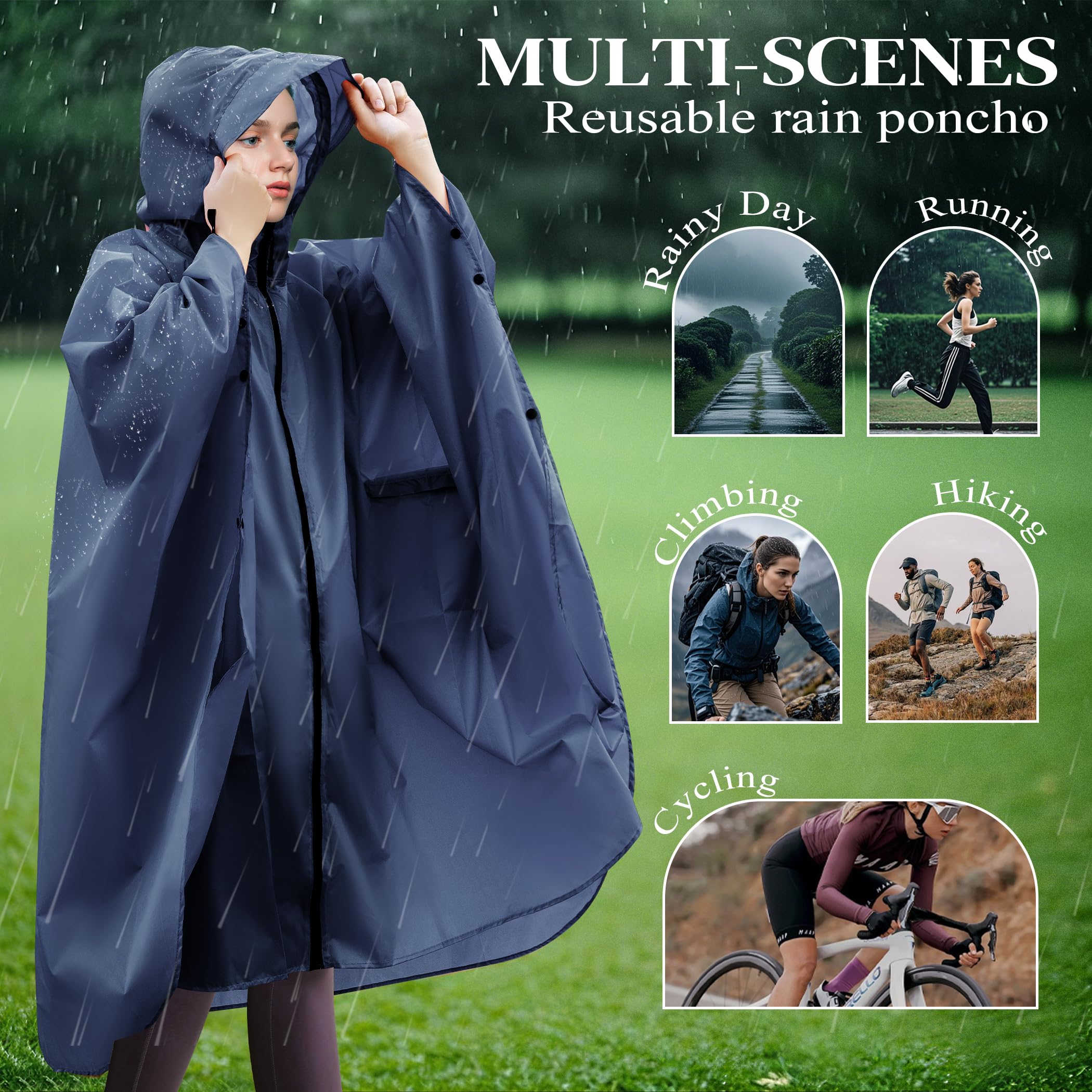 Poncho Impermeable Mujer Unisex Reusable con Capucha y Cremallera, Ligero y Resistente para Senderismo, Camping, Ciclismo y Actividades al Aire Libre