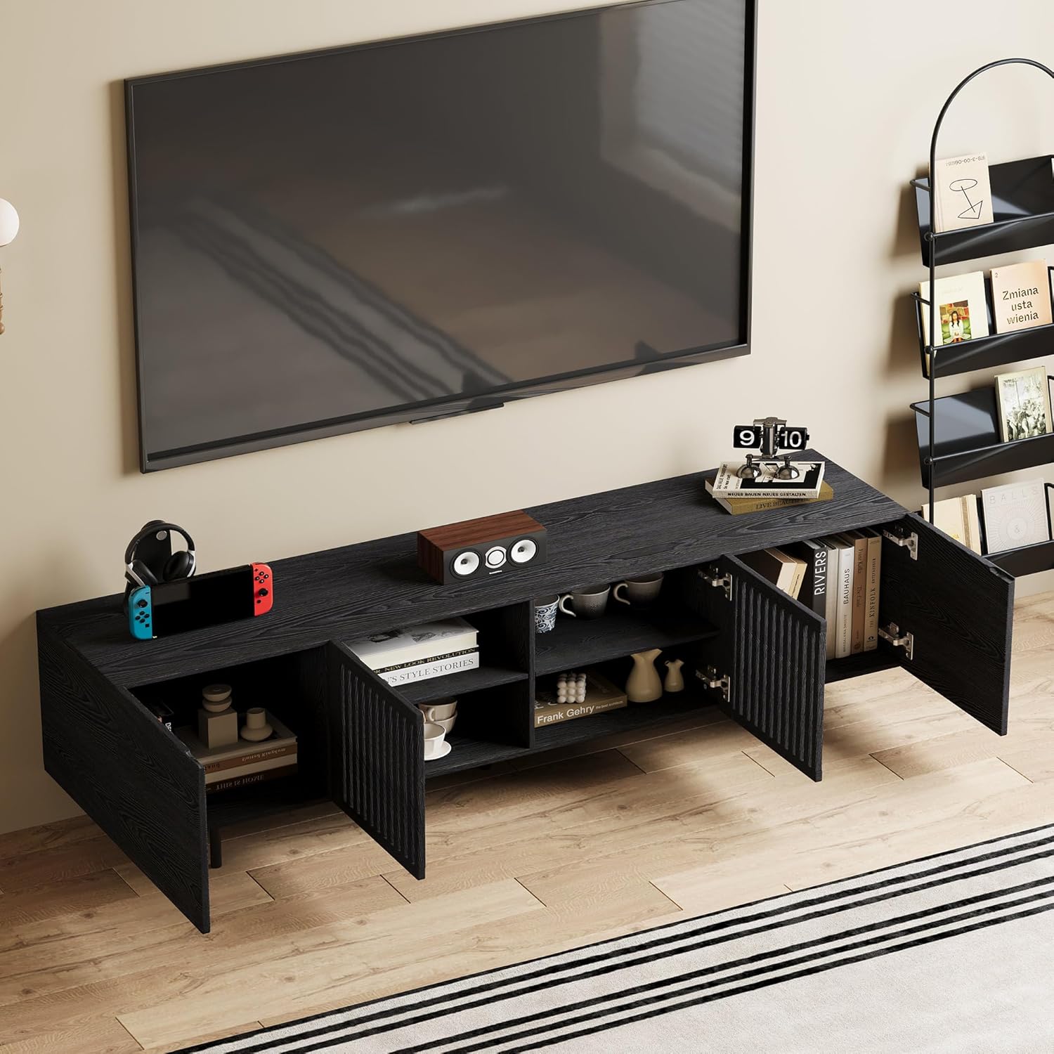 Mid Century Modern Black TV Stand for 70 Inch and Larger TVs, 70.87" Media Console with Solid Wood Slatted Doors, Metal Base, Stylish Entertainment Center for Living Room or Bedroom