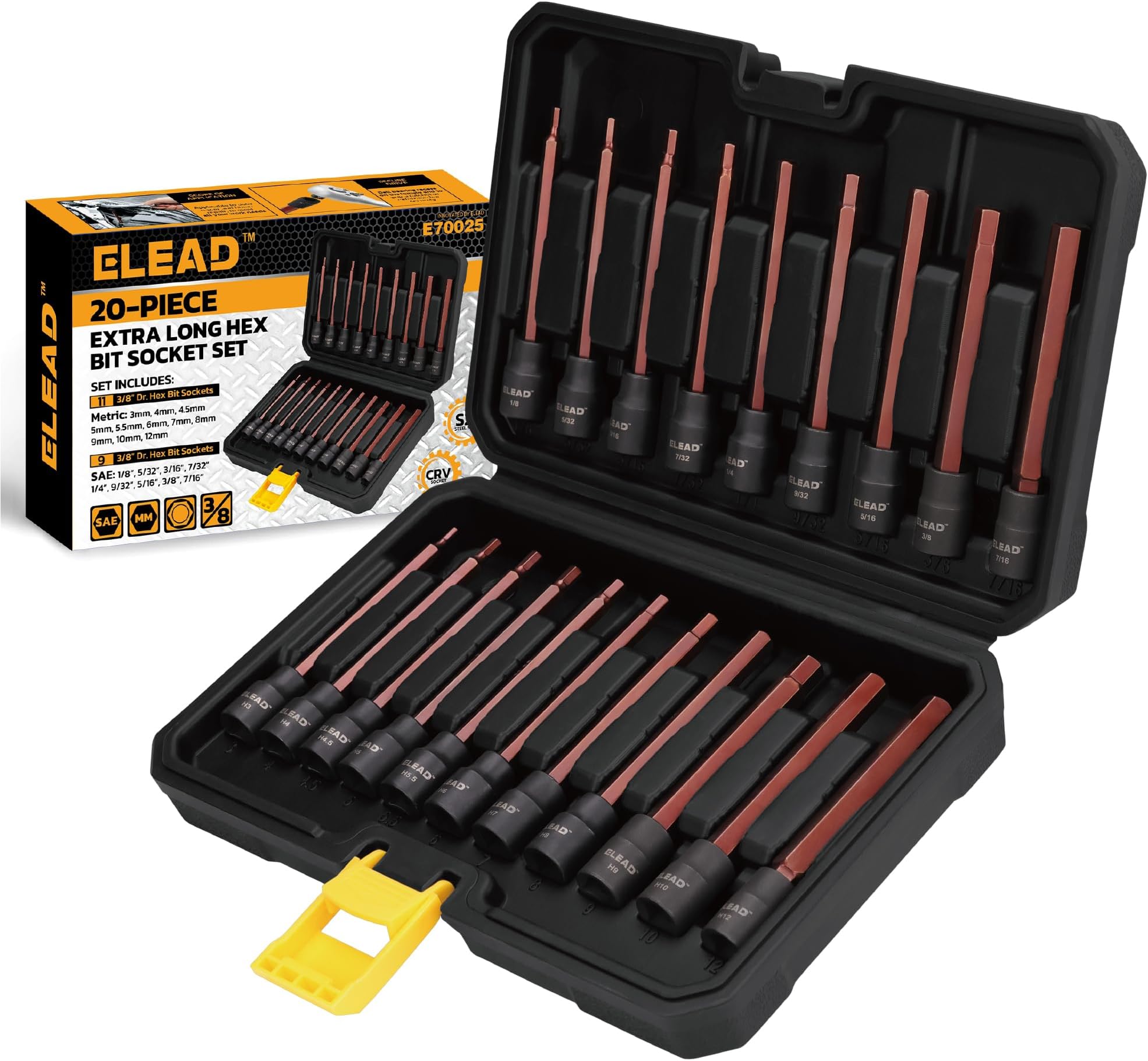 ELEAD 20-Piece 3/8 Inch Drive Extra-Long Allen Hex Bit Socket Set: S2 Steel, Standard SAE & Metric (1/8-Inch - 7/16-Inch, 3-12mm) for Impact Drills and Ratchet Wrenches