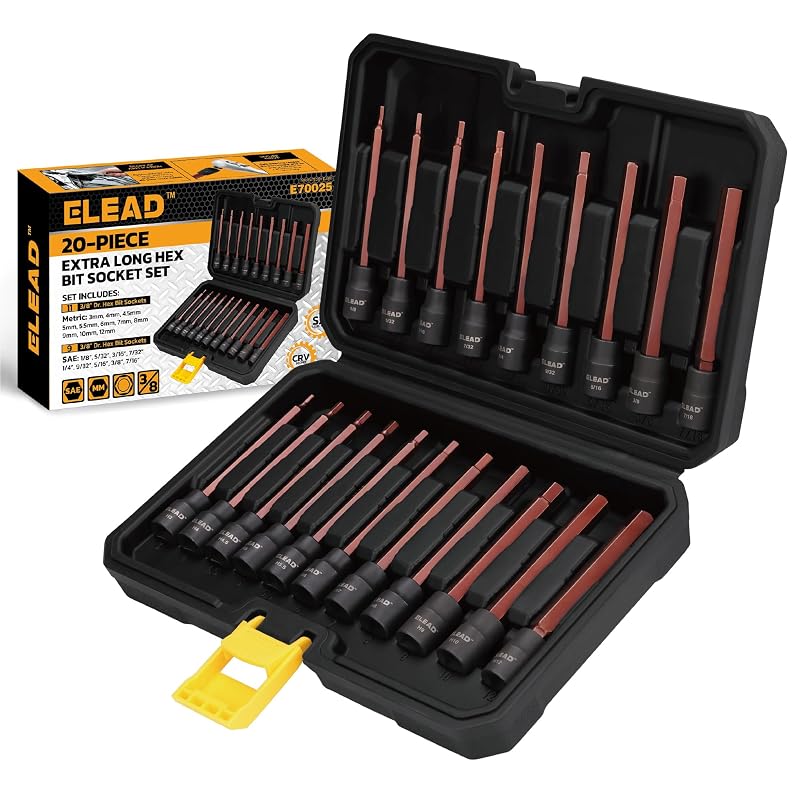 Jogo de Soquetes com Ponteira Allen Extr longos ELEAD 20 Peças, Encaixe de 3/8 pol., Aço S2, SAE e Métrico, 110 mm, Modelo ED70025