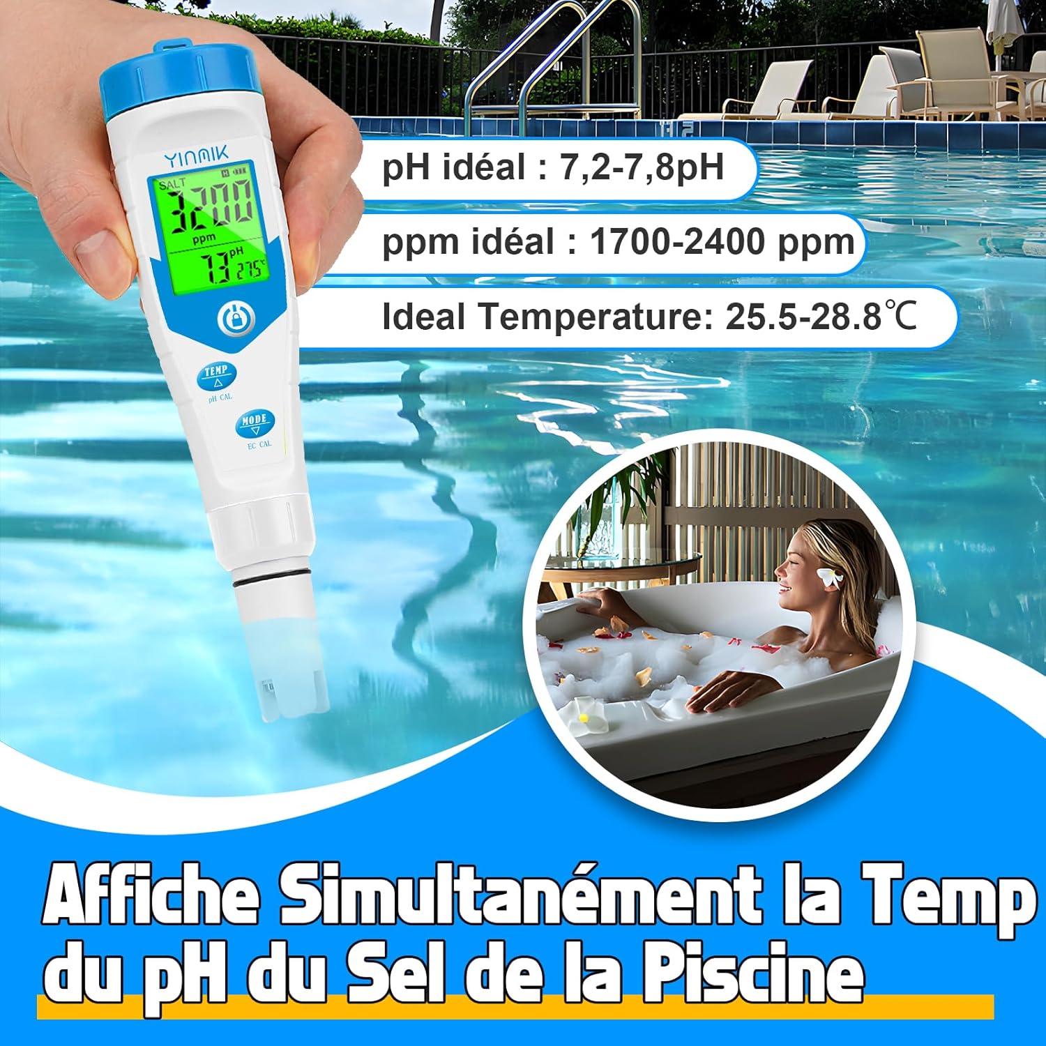 YINMIK YK-T5AEU tester measuring pool water, showing salinity, pH, and temperature