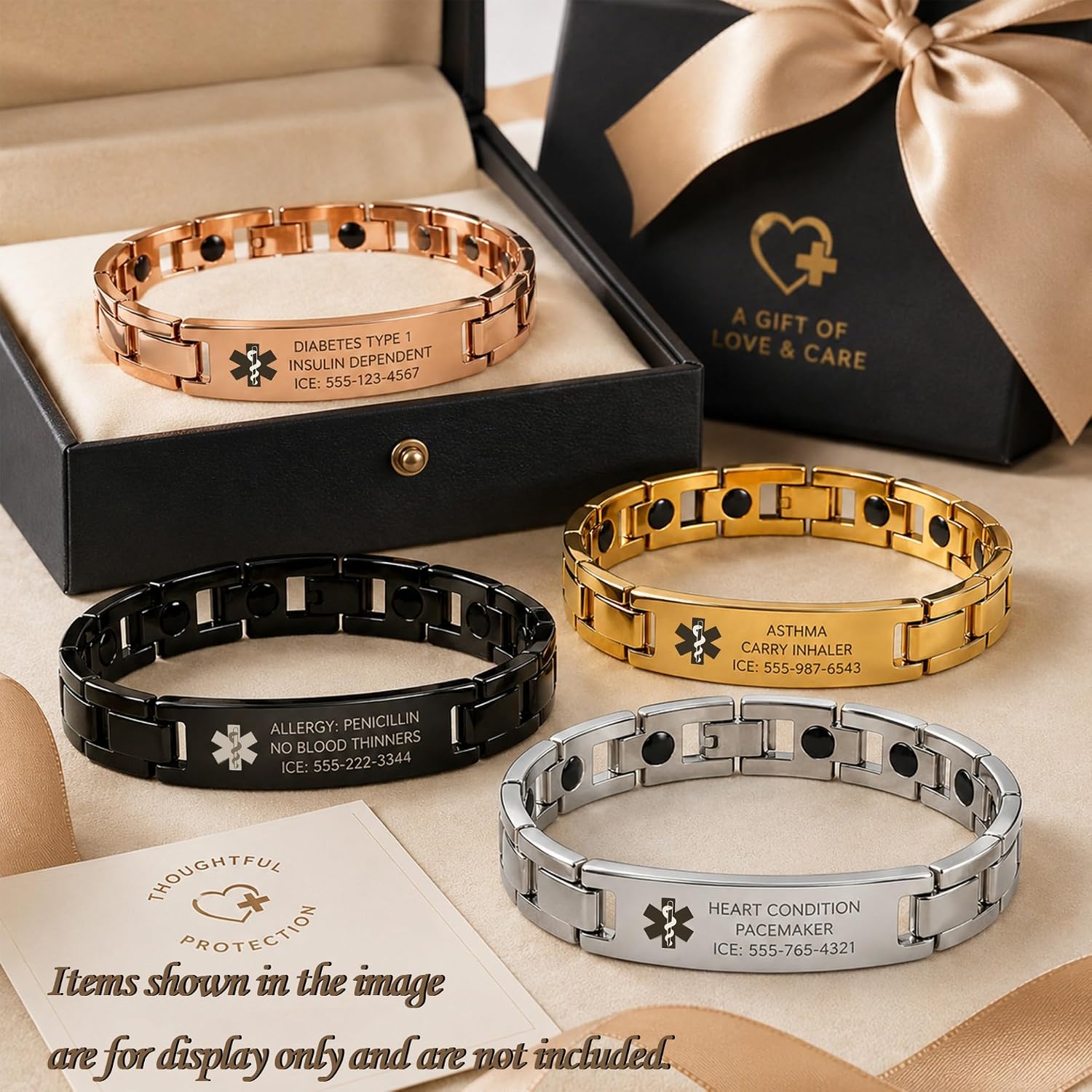 Custom Medical Alert Bracelet, Engraved Personal Health ID, Stainless Steel Emergency Info Wristband for Men & Women, Adjustable 23cm (Black/Gold/Rose Gold/Silver)