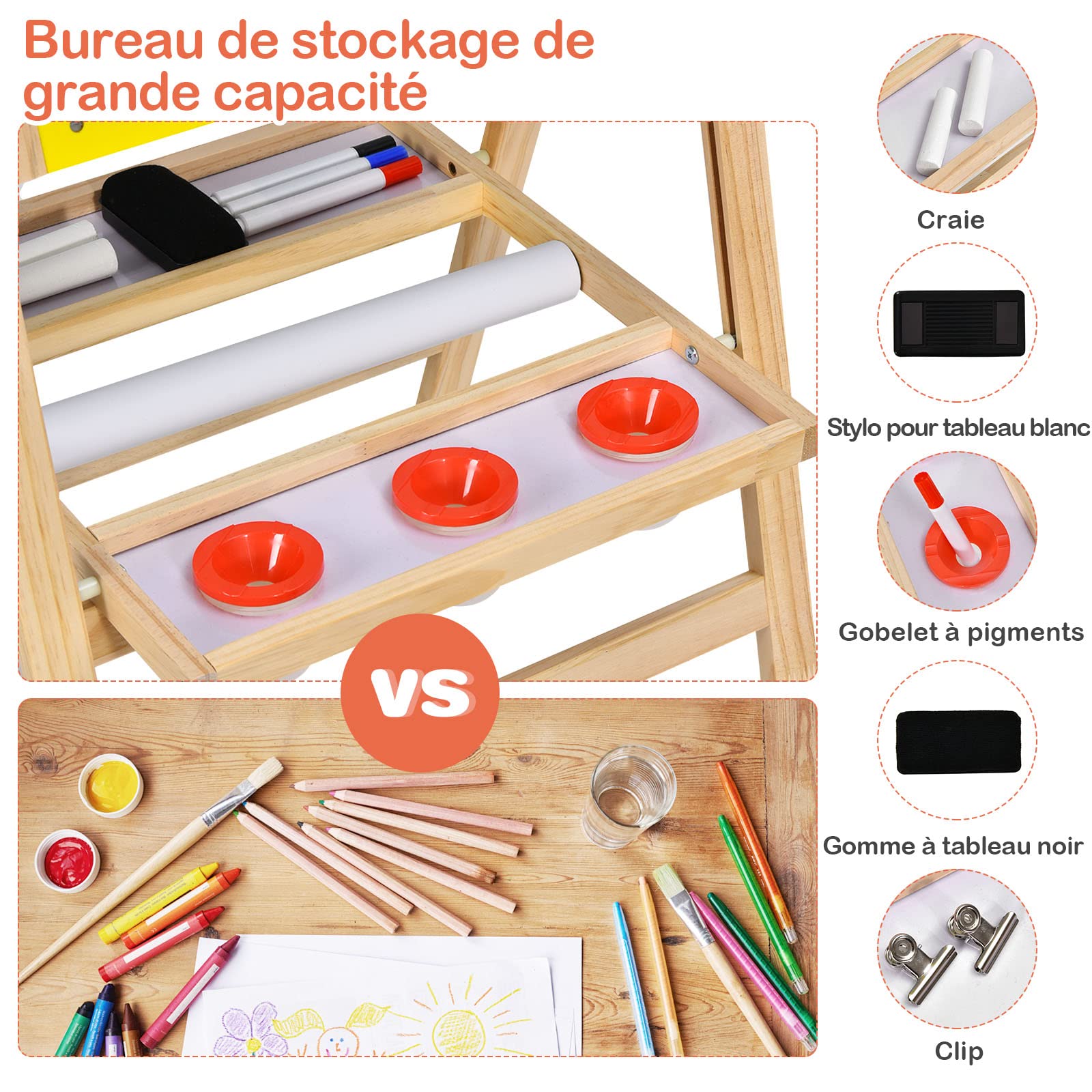 COSTWAY Chevalet Pliable 3-en-1 pour Enfants de 3+Ans, Chevalet d'Art en Bois avec Hauteur Réglable sur 5 Positions, Plateau de Rangement et Tableau à 2 Faces, 50,5 x 53,5 x 79-104 cm (Naturel+Jaune)