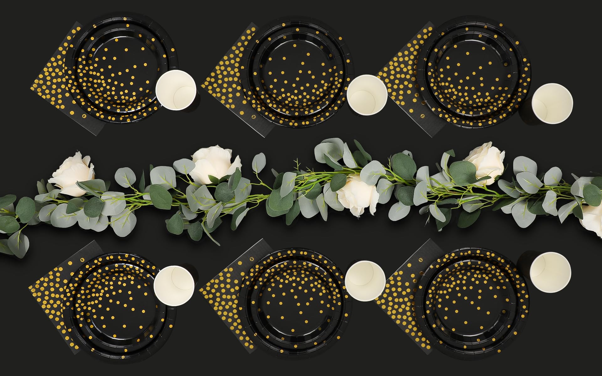 Oro Nero Stoviglie per Feste 99 Pezzi Stoviglie Carta Set Include Piatti di Carta Tovaglioli Tazze Tovaglia Banner, per Compleanno Anniversario Matrimonio Laurea-24 Ospiti