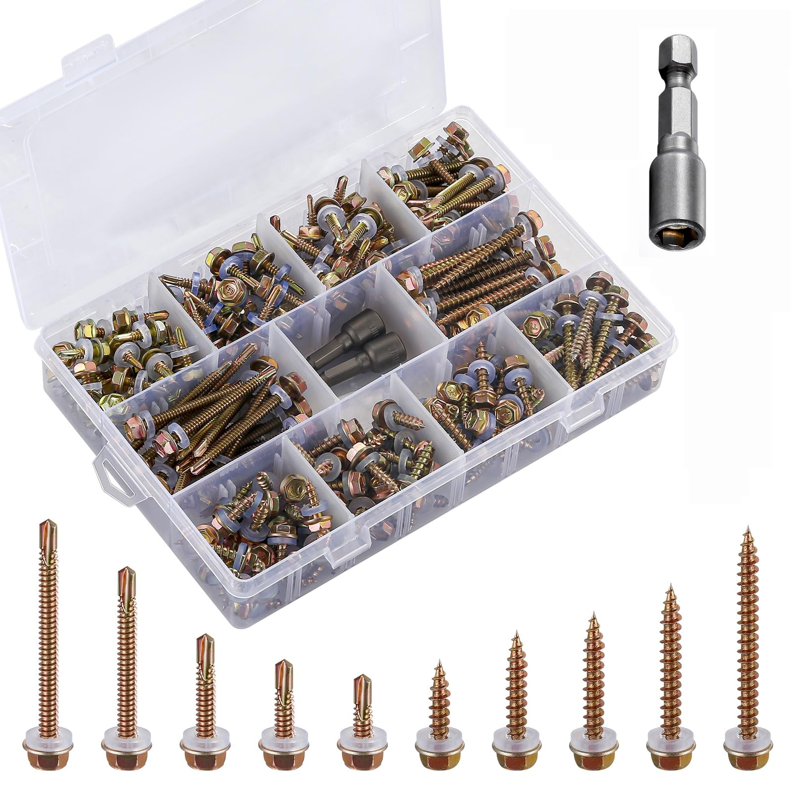 Photo 1 of Yuecinoow 262 Pcs Galvanized Self-Tapping Metal Plate Screw Set, Hex Washer Head Screw #8 Length 5/8 "to 2"